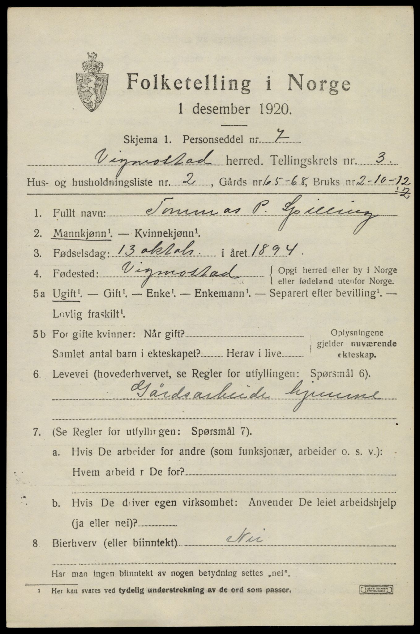 SAK, 1920 census for Vigmostad, 1920, p. 841