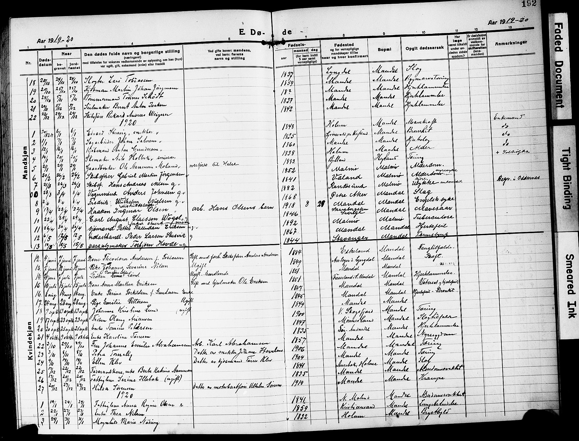 Mandal sokneprestkontor, AV/SAK-1111-0030/F/Fb/Fbc/L0001: Parish register (copy) no. B 1, 1918-1931, p. 192