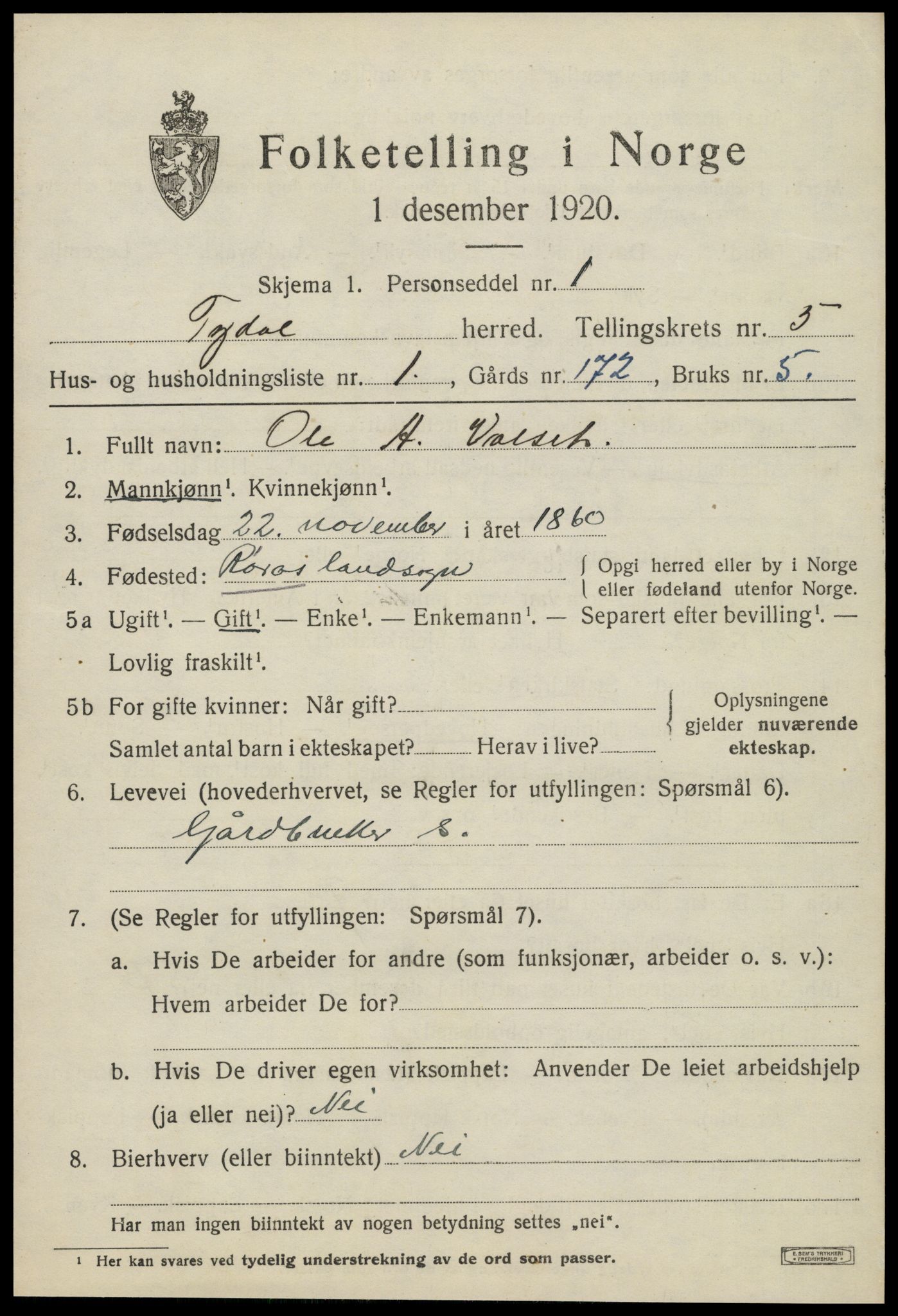 SAT, 1920 census for Tydal, 1920, p. 1713