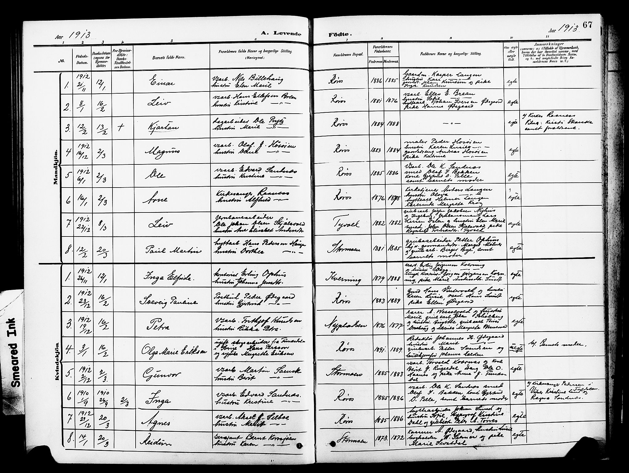 Ministerialprotokoller, klokkerbøker og fødselsregistre - Sør-Trøndelag, SAT/A-1456/681/L0942: Parish register (copy) no. 681C06, 1906-1925, p. 67
