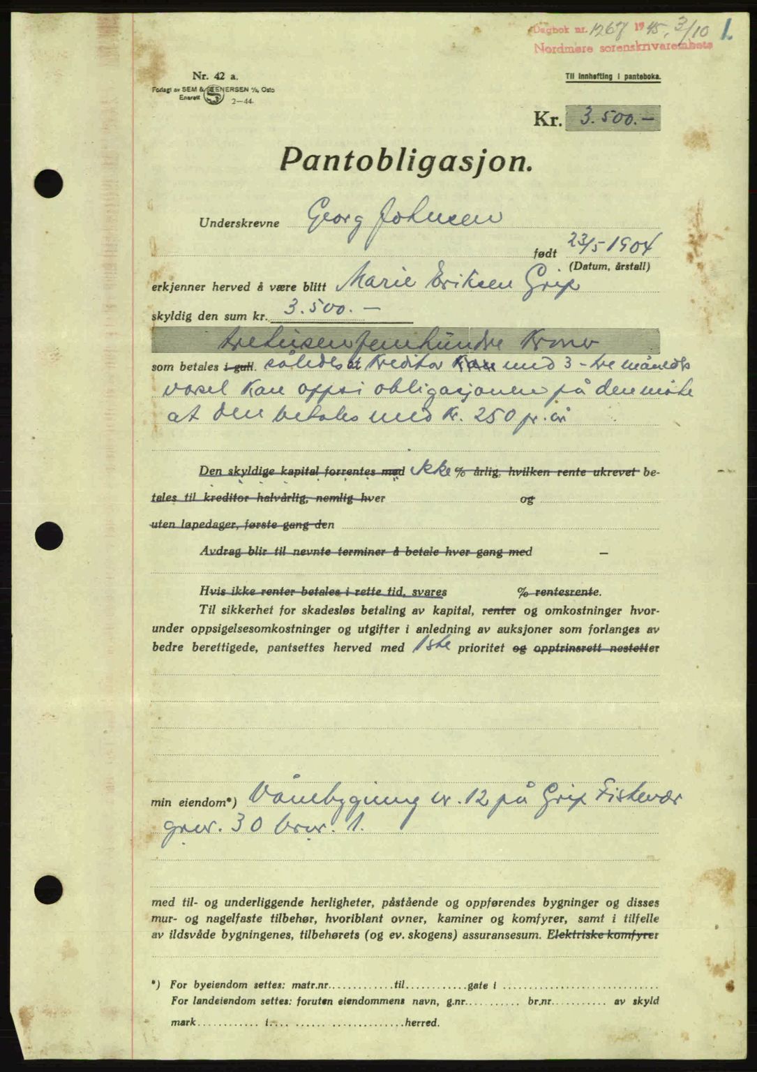 Nordmøre sorenskriveri, AV/SAT-A-4132/1/2/2Ca: Mortgage book no. B93a, 1945-1945, Diary no: : 1267/1945