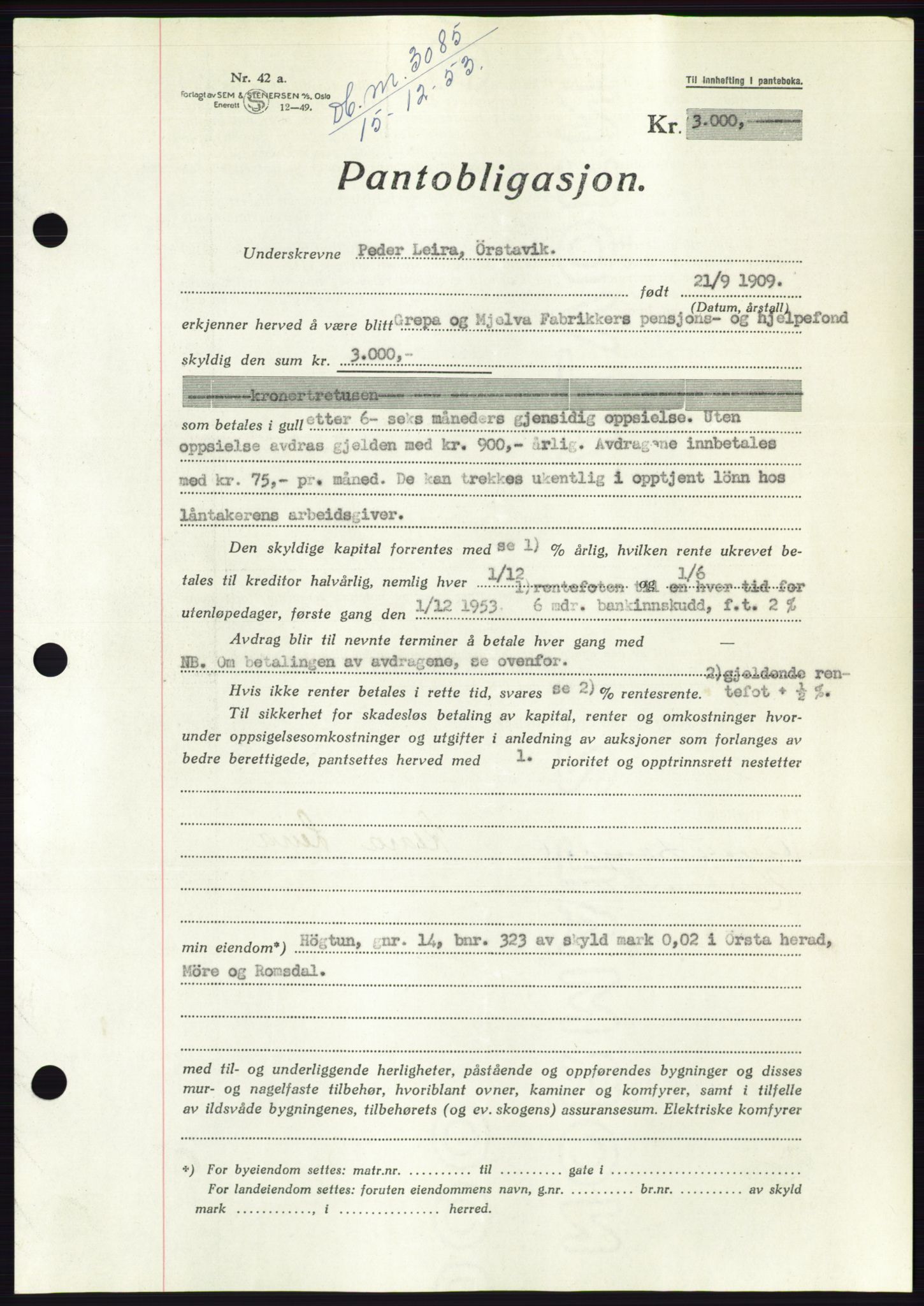 Søre Sunnmøre sorenskriveri, AV/SAT-A-4122/1/2/2C/L0124: Mortgage book no. 12B, 1953-1954, Diary no: : 3085/1953