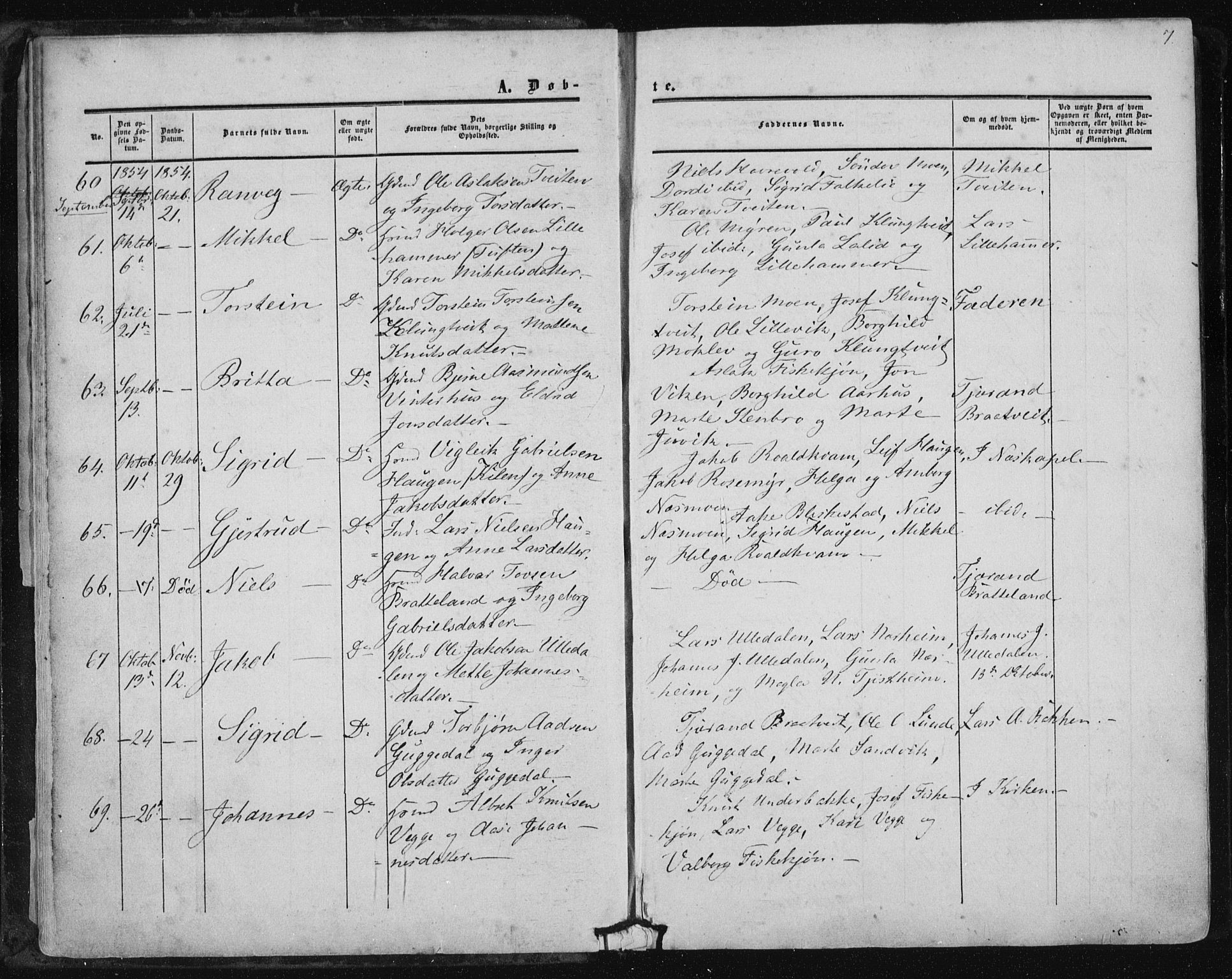Suldal sokneprestkontor, AV/SAST-A-101845/01/IV/L0009: Parish register (official) no. A 9, 1854-1868, p. 7