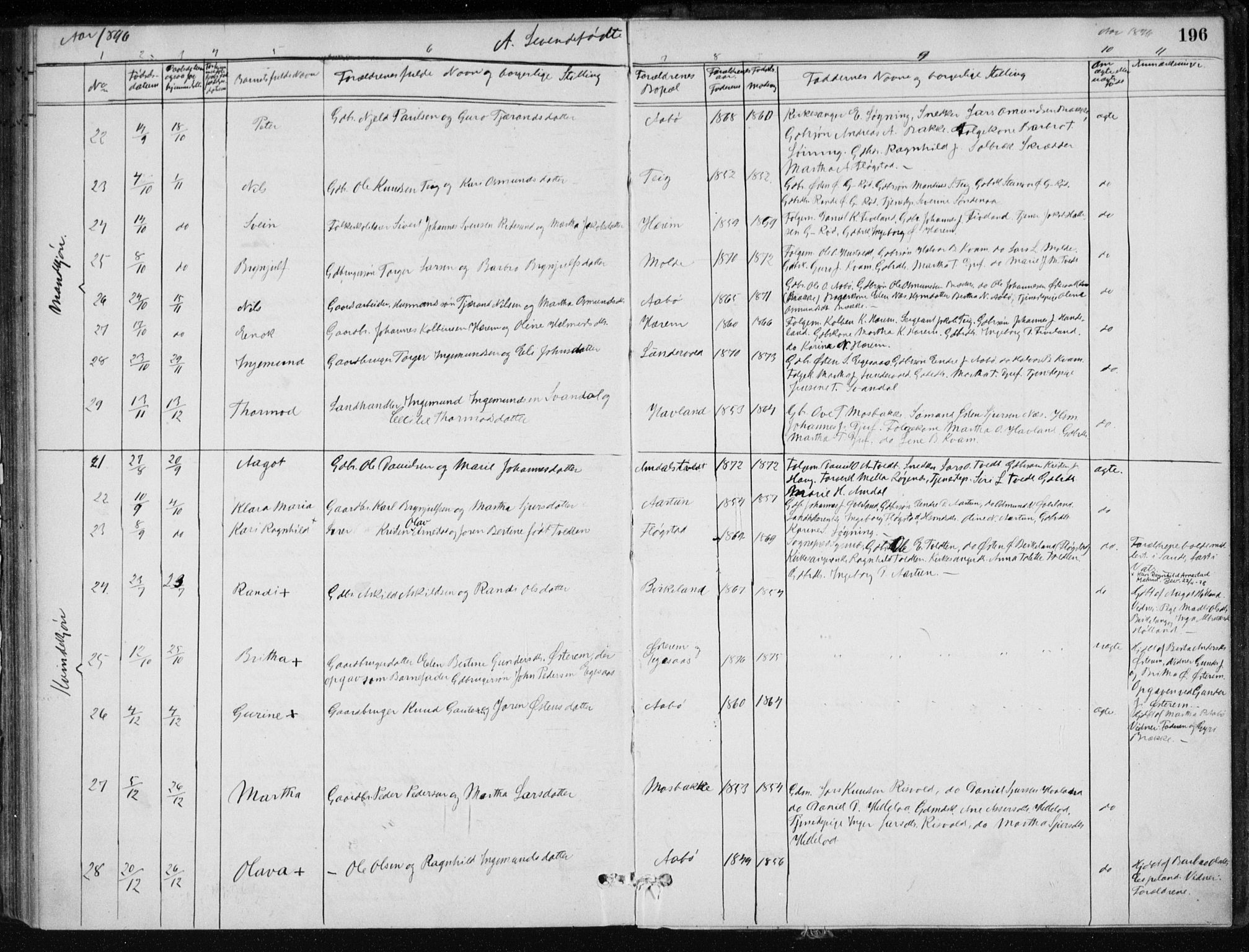 Sand sokneprestkontor, AV/SAST-A-101848/01/III/L0006: Parish register (official) no. A 6, 1880-1898, p. 196