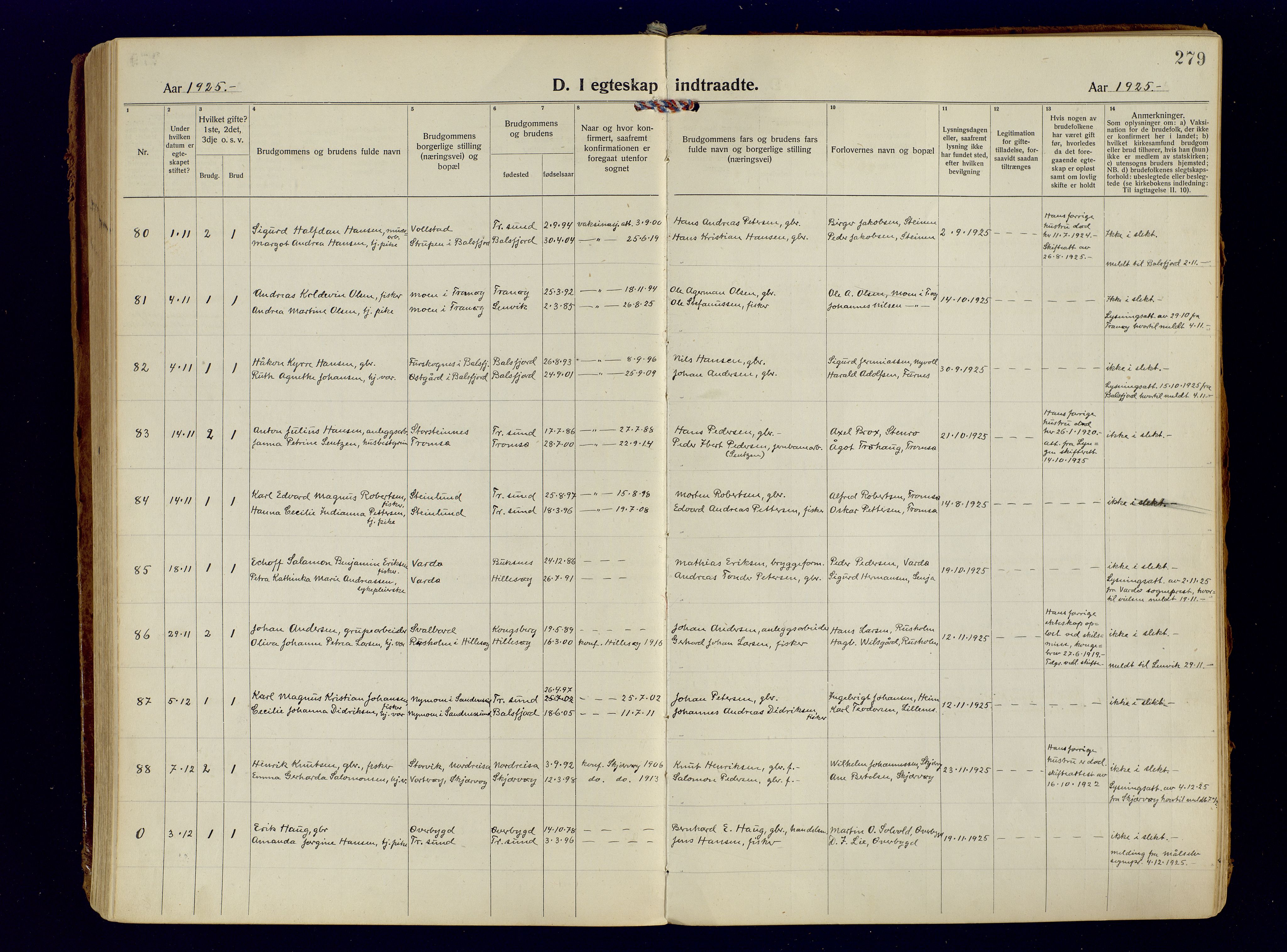 Tromsøysund sokneprestkontor, AV/SATØ-S-1304/G/Ga/L0009kirke: Parish register (official) no. 9, 1922-1934, p. 279