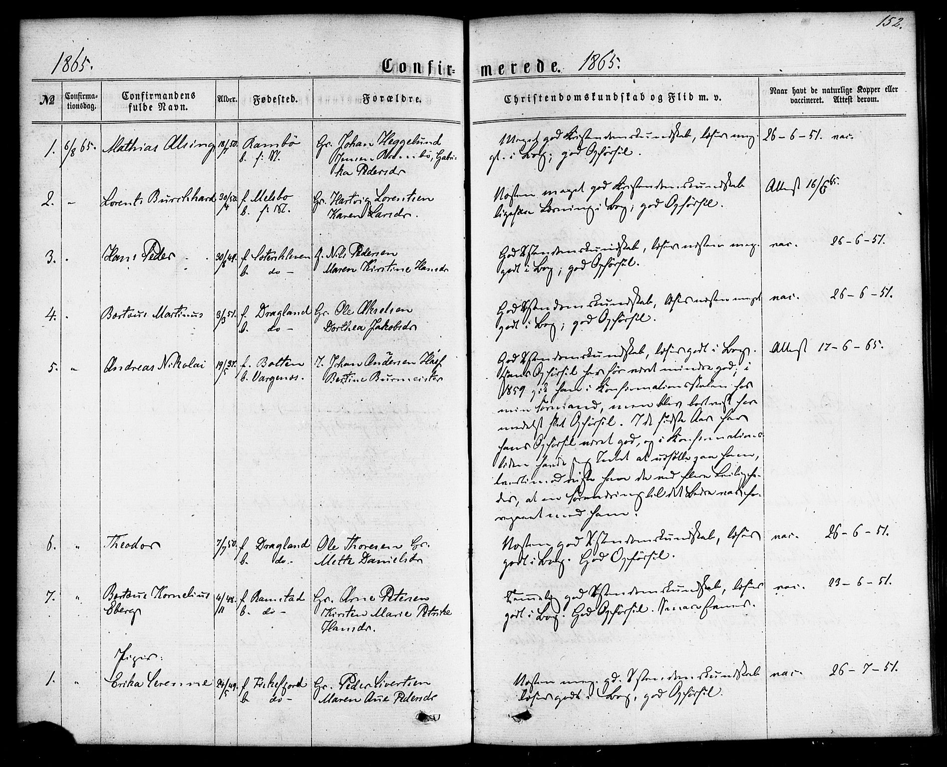 Ministerialprotokoller, klokkerbøker og fødselsregistre - Nordland, AV/SAT-A-1459/865/L0923: Parish register (official) no. 865A01, 1864-1884, p. 152