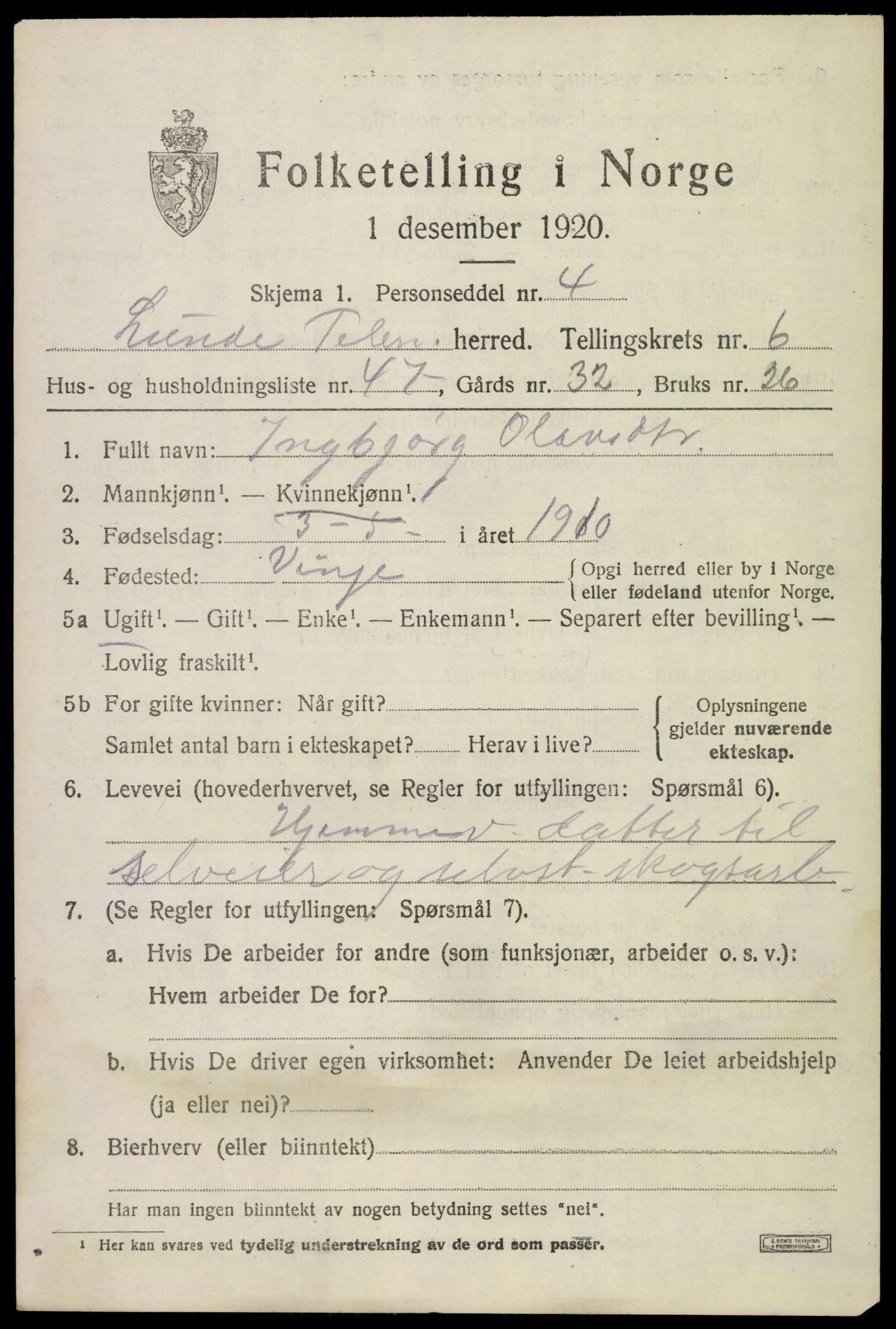 SAKO, 1920 census for Lunde, 1920, p. 4819