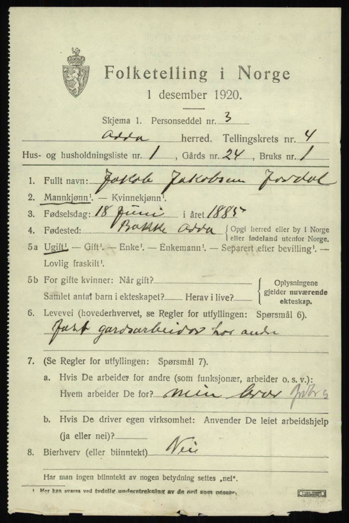 SAB, 1920 census for Odda, 1920, p. 2577