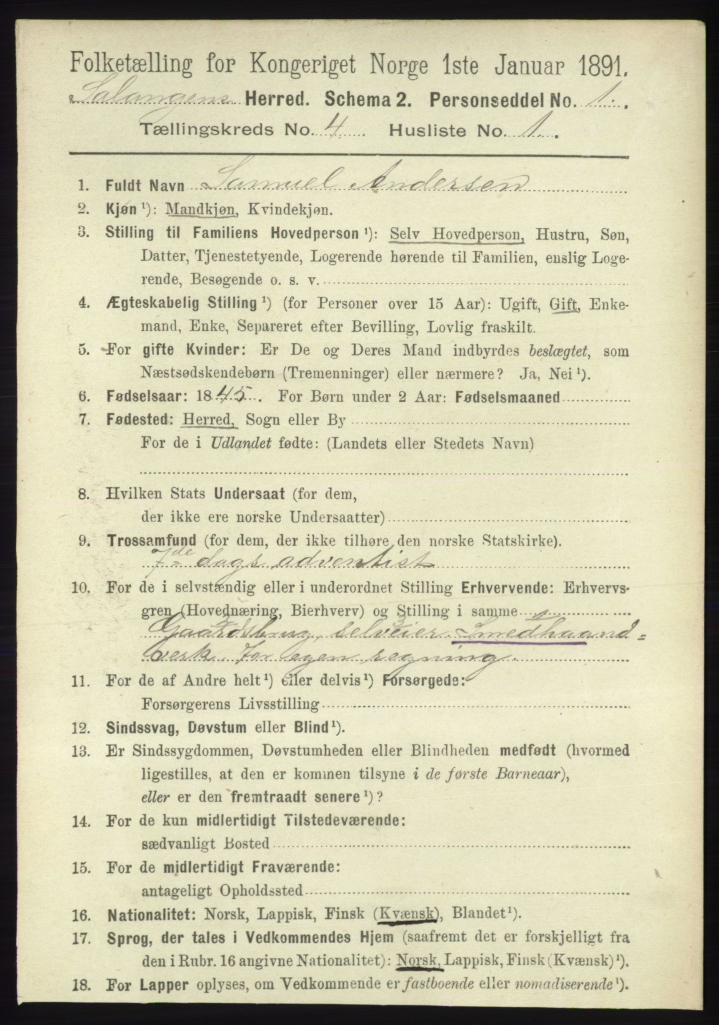 RA, 1891 census for 1921 Salangen, 1891, p. 1830