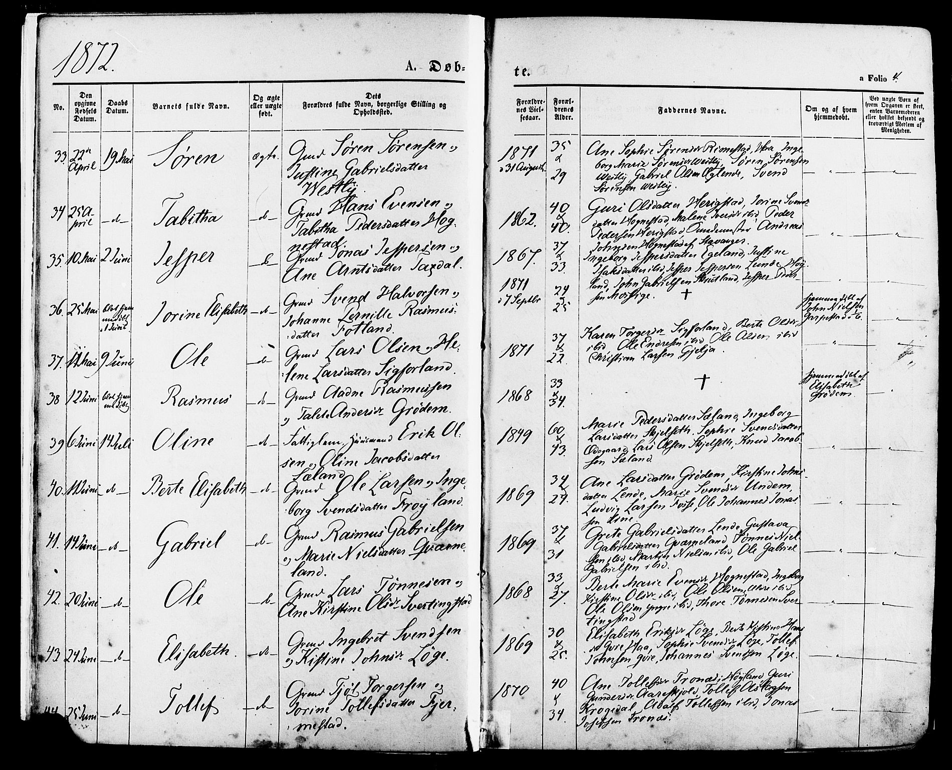 Lye sokneprestkontor, AV/SAST-A-101794/001/30BA/L0008: Parish register (official) no. A 7, 1872-1881, p. 4