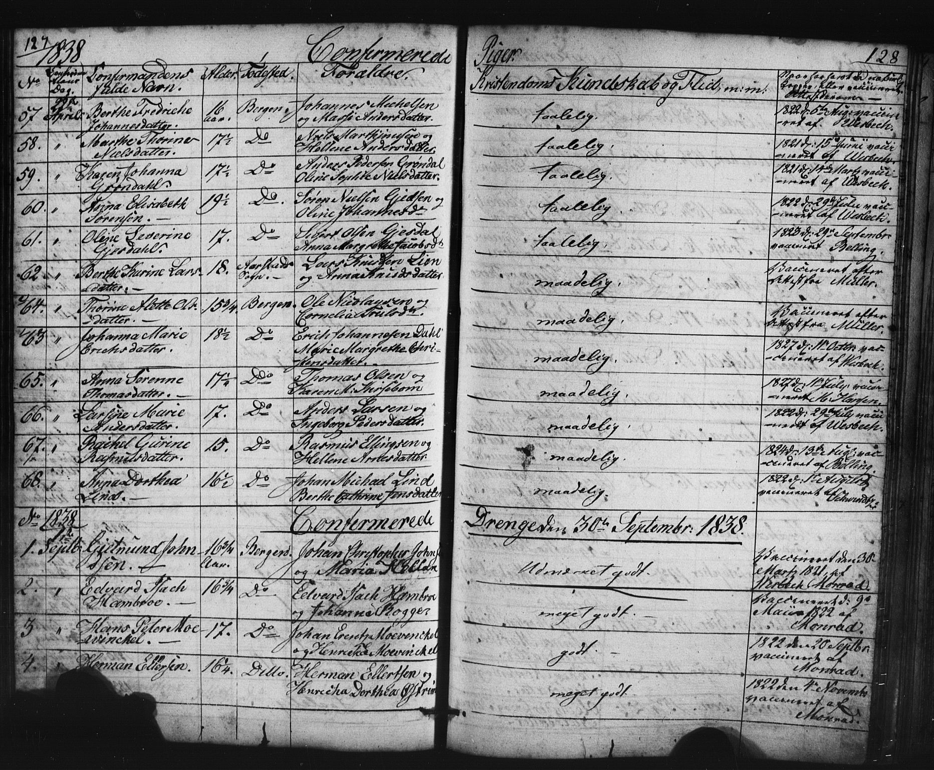 Domkirken sokneprestembete, AV/SAB-A-74801/H/Haa/L0063: Curate's parish register no. A 1, 1821-1848, p. 127-128