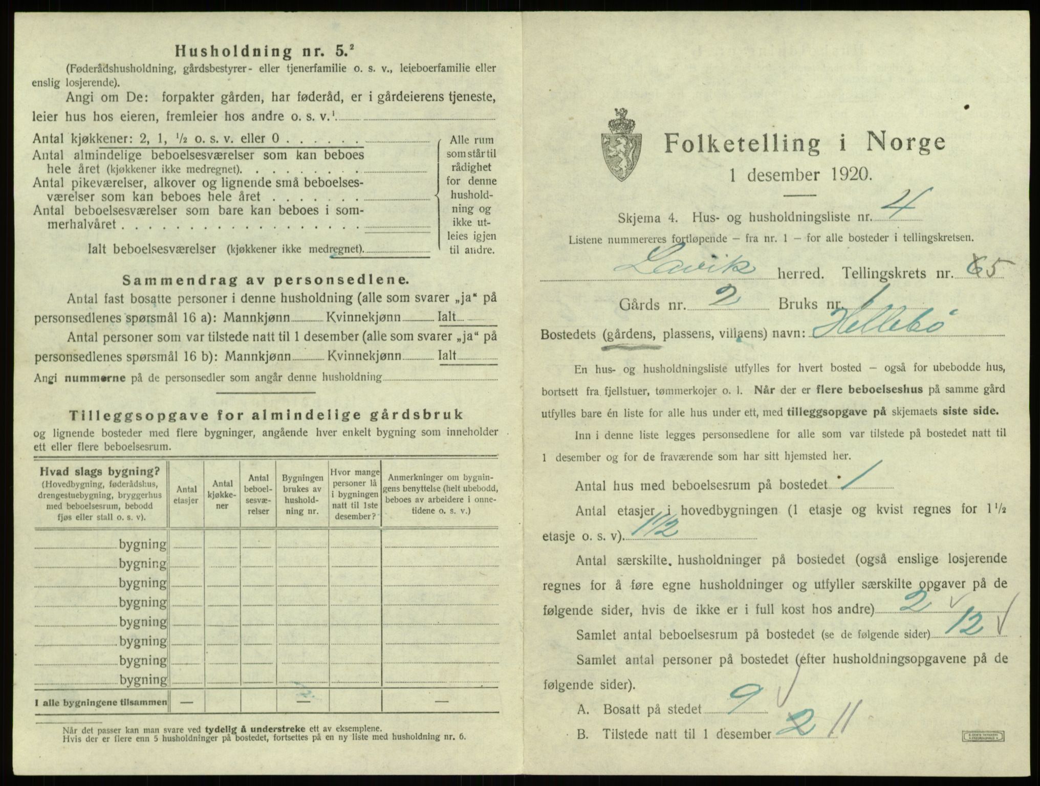 SAB, 1920 census for Lavik, 1920, p. 143