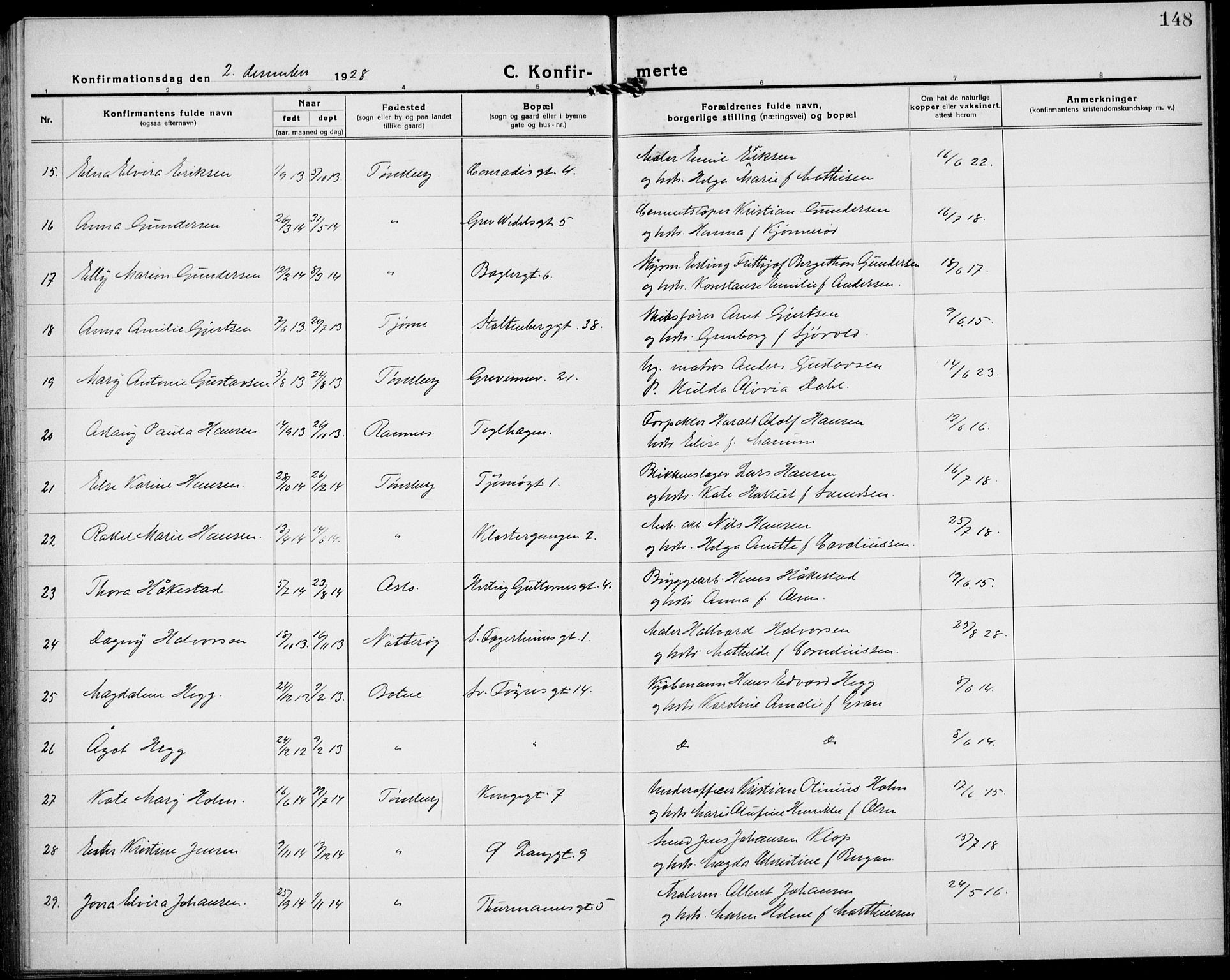 Tønsberg kirkebøker, AV/SAKO-A-330/G/Ga/L0013: Parish register (copy) no. 13, 1920-1929, p. 148