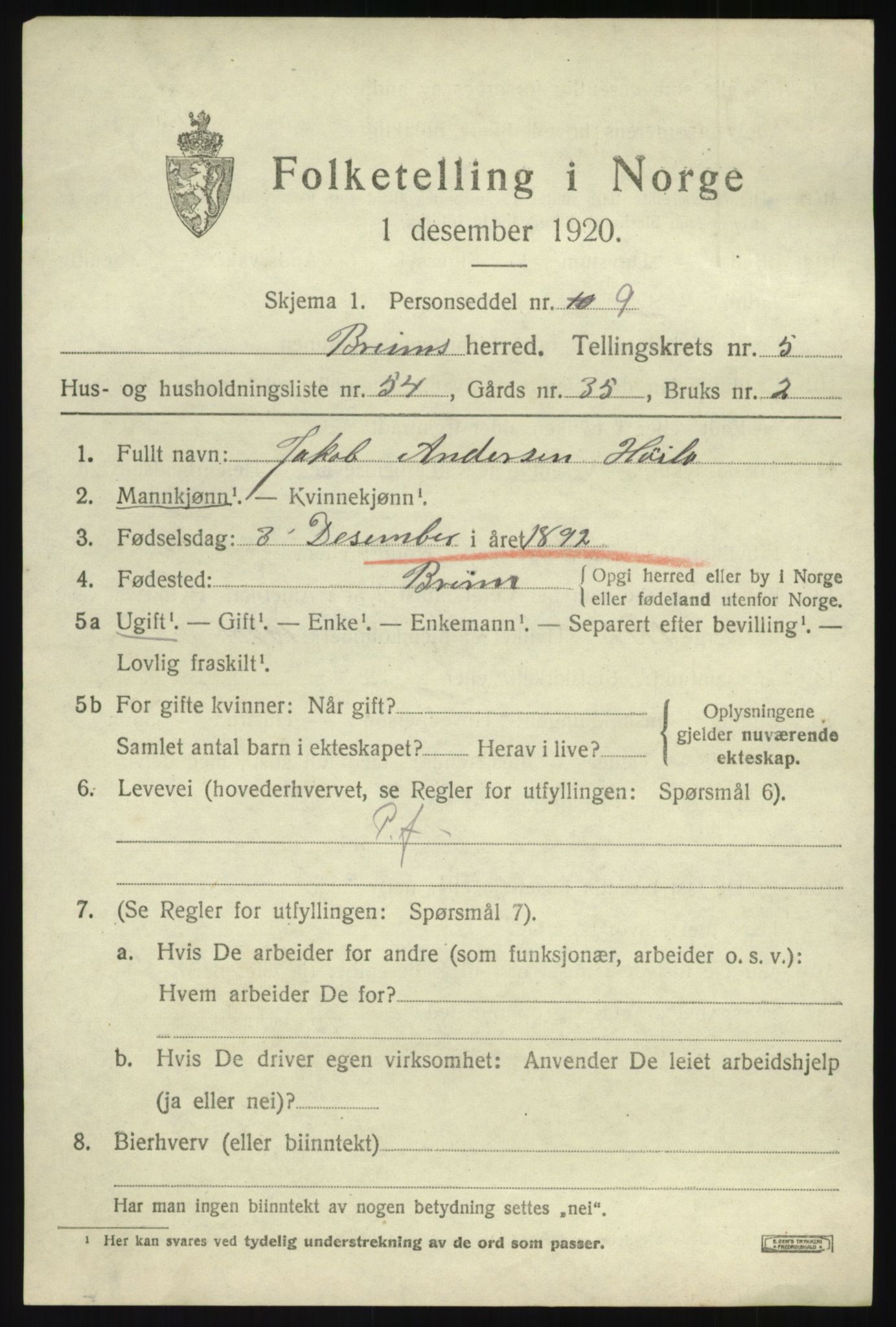 SAB, 1920 census for Breim, 1920, p. 3479