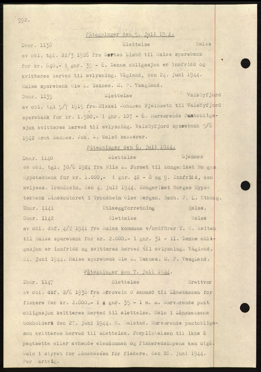 Nordmøre sorenskriveri, AV/SAT-A-4132/1/2/2Ca: Mortgage book no. C81, 1940-1945, Diary no: : 1138/1944