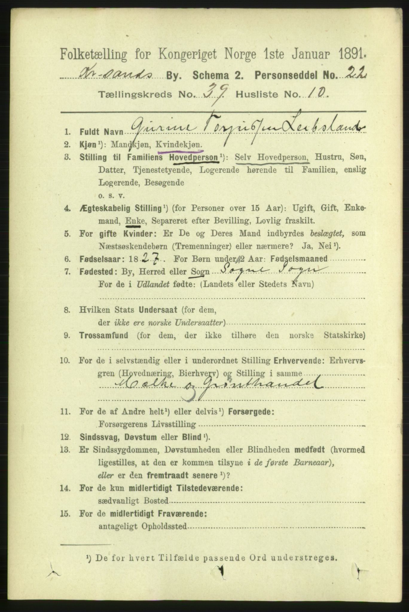 RA, 1891 census for 1001 Kristiansand, 1891, p. 12393