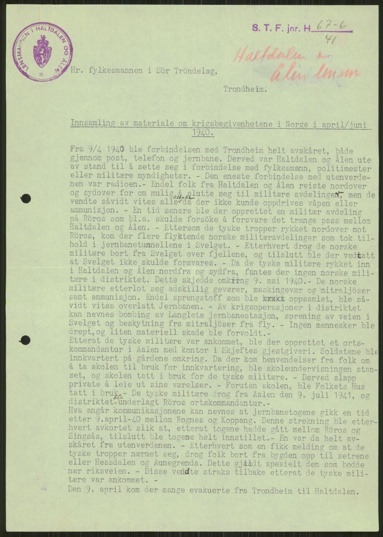 Forsvaret, Forsvarets krigshistoriske avdeling, RA/RAFA-2017/Y/Ya/L0016: II-C-11-31 - Fylkesmenn.  Rapporter om krigsbegivenhetene 1940., 1940, p. 113