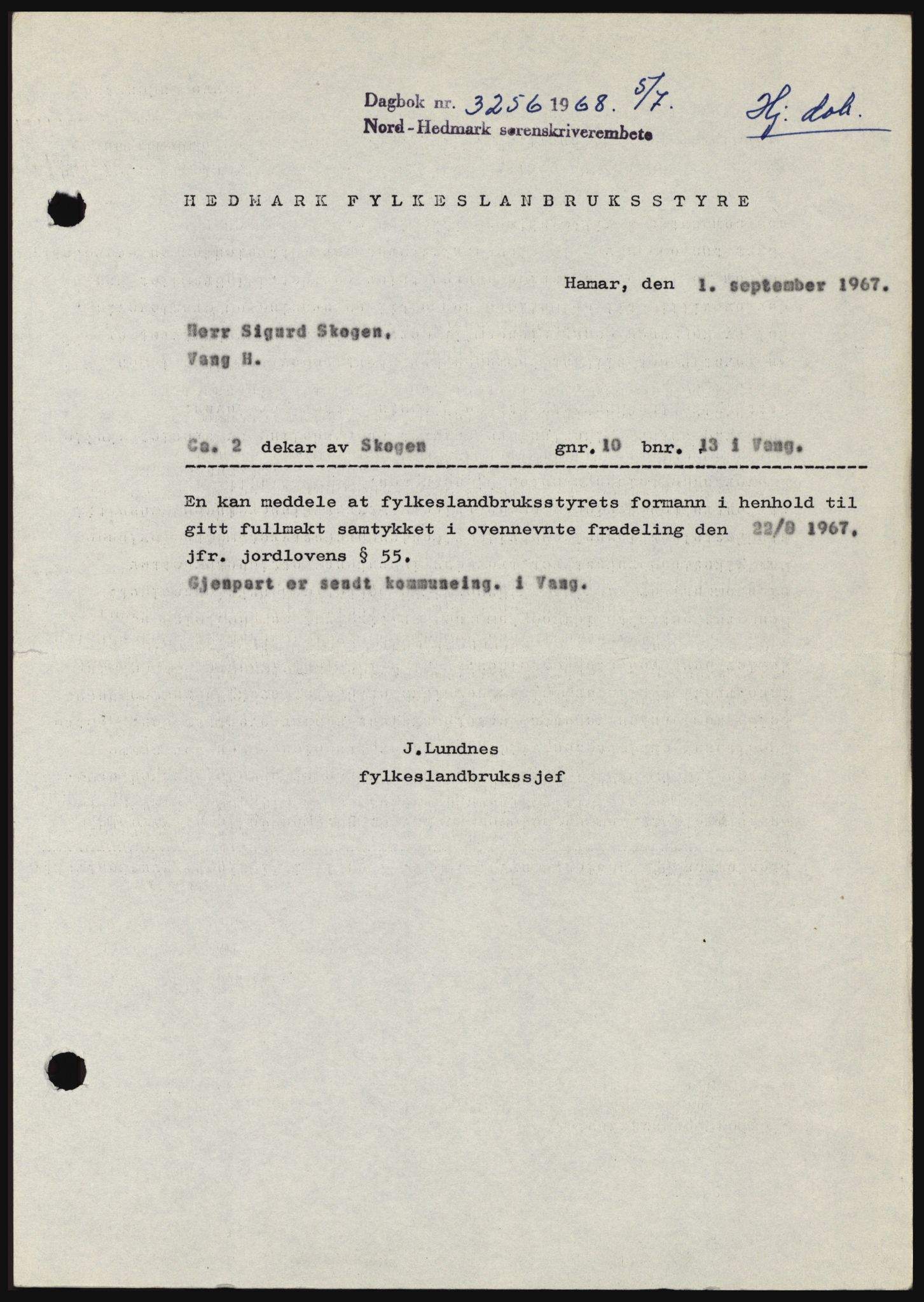 Nord-Hedmark sorenskriveri, SAH/TING-012/H/Hc/L0028: Mortgage book no. 28, 1968-1968, Diary no: : 3256/1968
