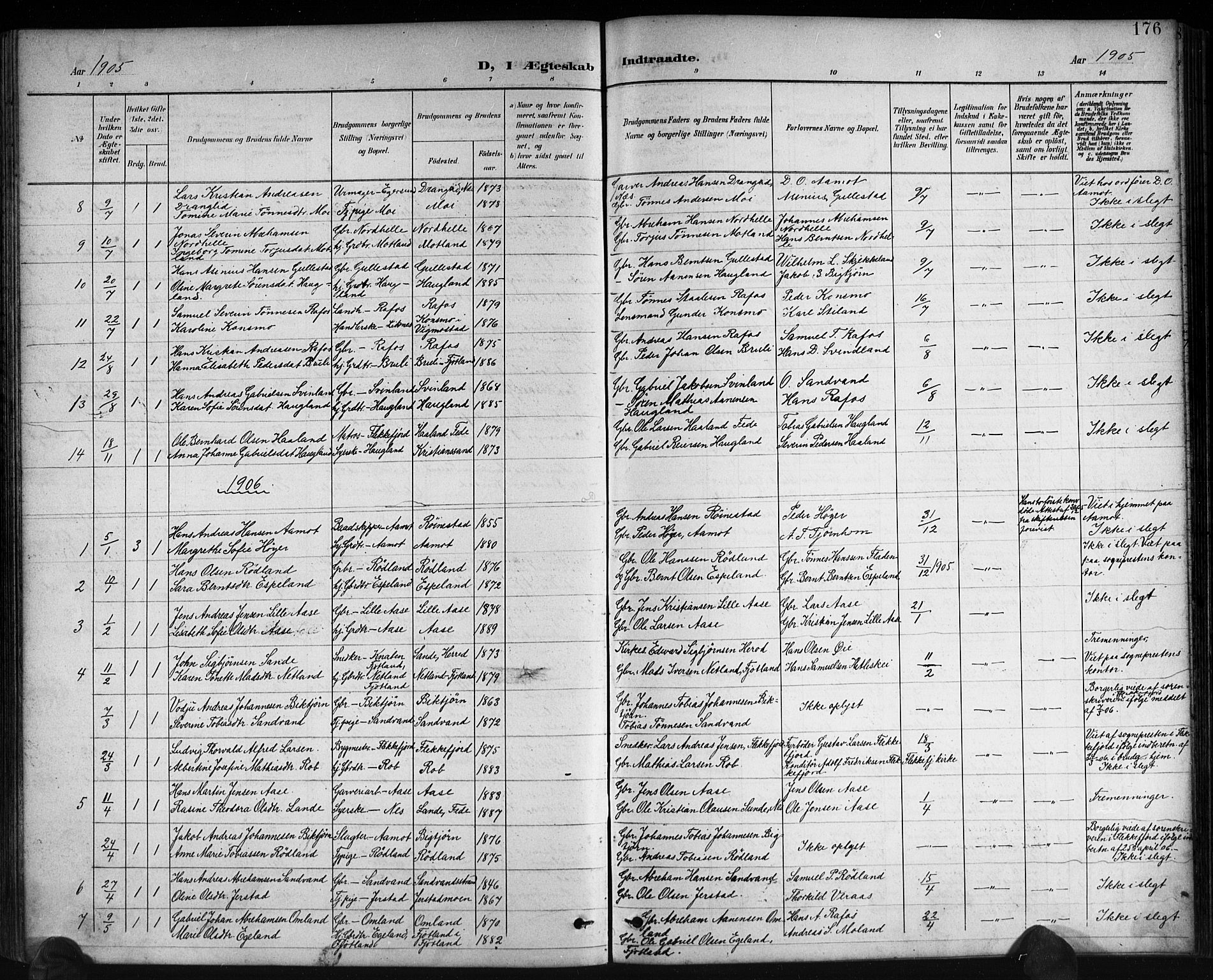 Kvinesdal sokneprestkontor, SAK/1111-0026/F/Fb/Fbb/L0003: Parish register (copy) no. B 3, 1898-1916, p. 176