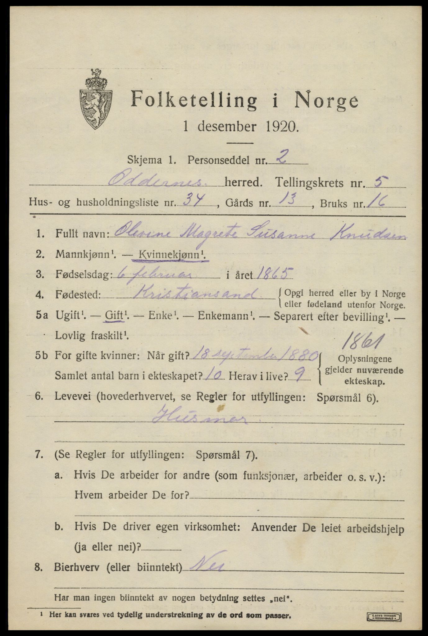 SAK, 1920 census for Oddernes, 1920, p. 4665