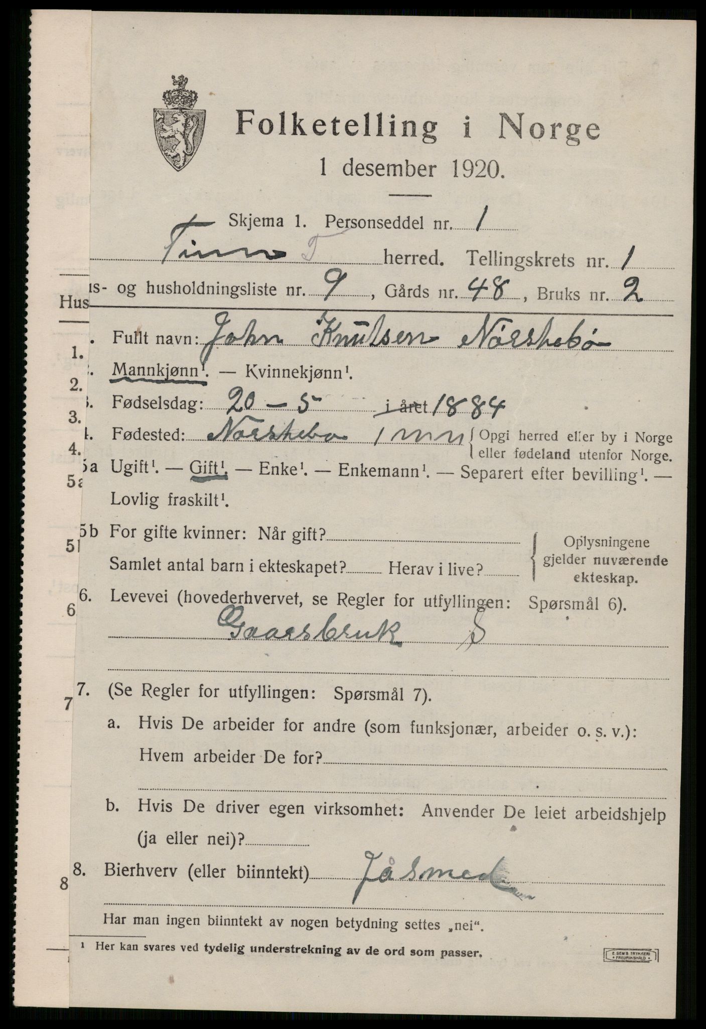 SAKO, 1920 census for Tinn, 1920, p. 2786