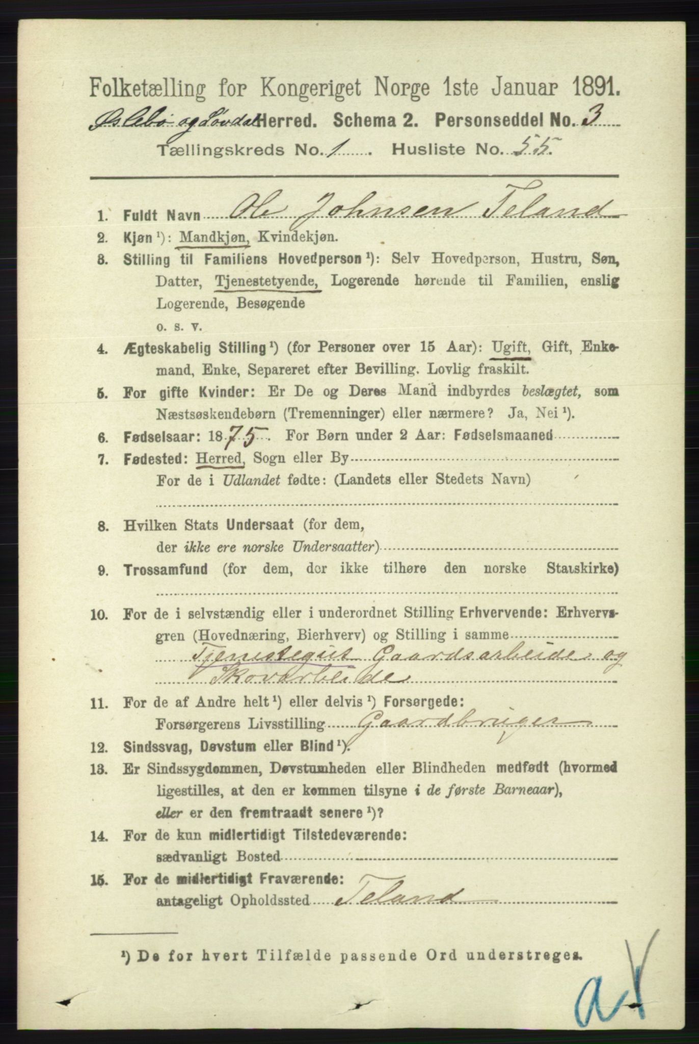 RA, 1891 census for 1021 Øyslebø og Laudal, 1891, p. 427