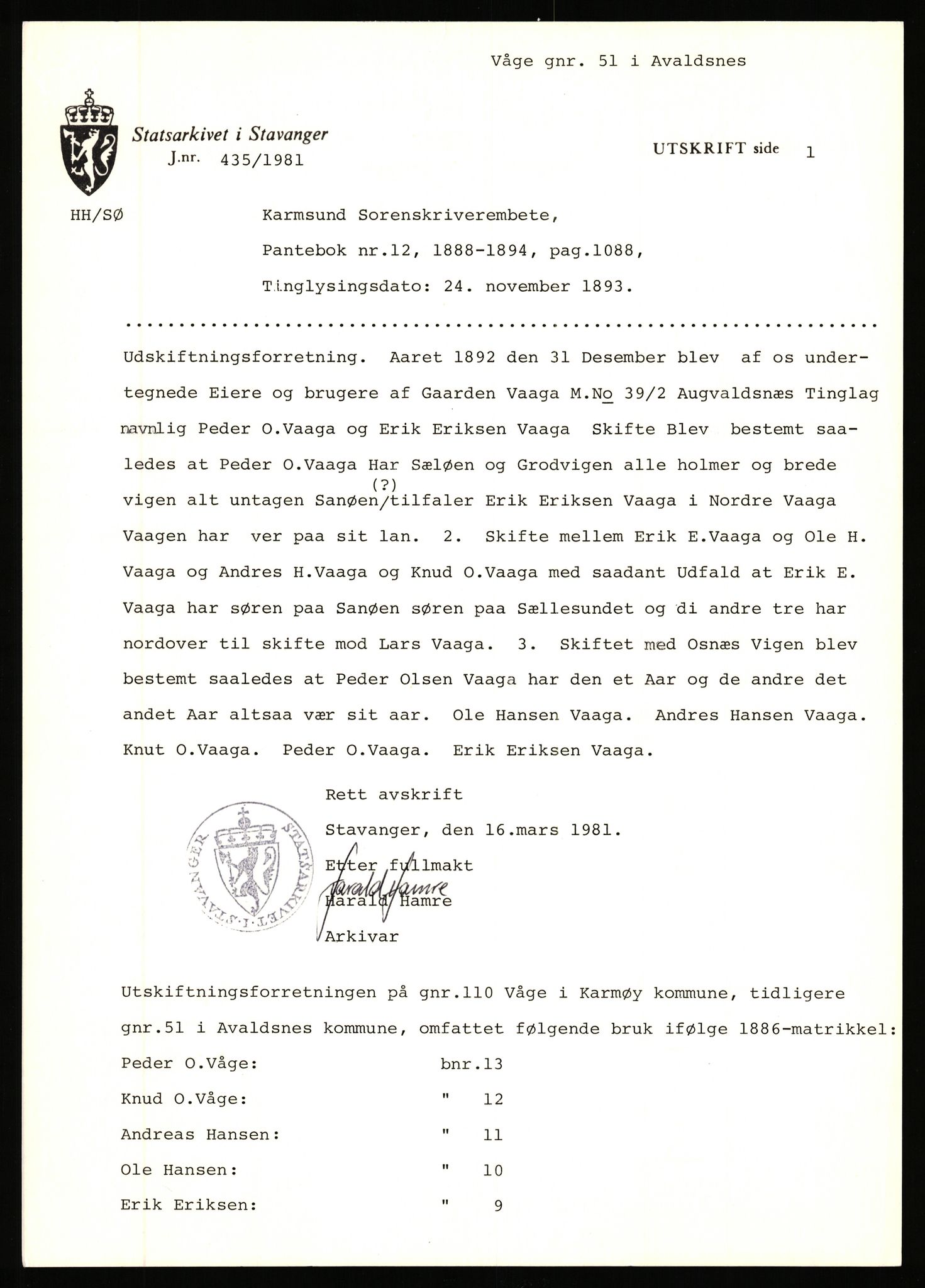 Statsarkivet i Stavanger, AV/SAST-A-101971/03/Y/Yj/L0096: Avskrifter sortert etter gårdsnavn: Vistad - Vågen søndre, 1750-1930, p. 469