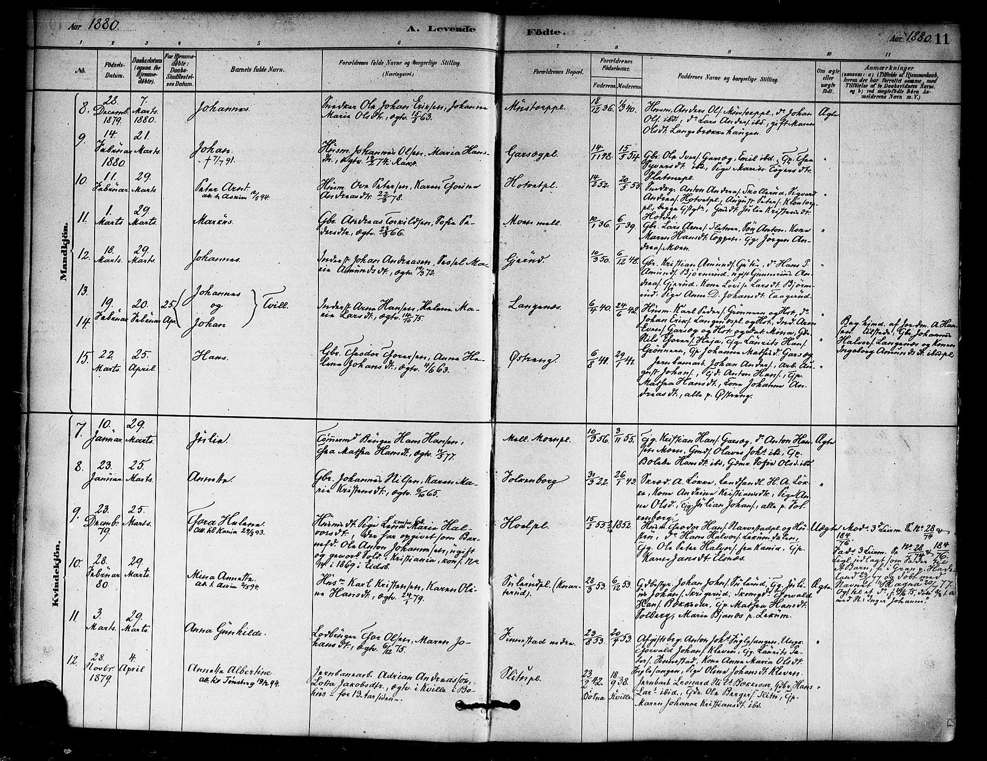 Eidsberg prestekontor Kirkebøker, AV/SAO-A-10905/F/Fa/L0012: Parish register (official) no. I 12, 1879-1901, p. 11