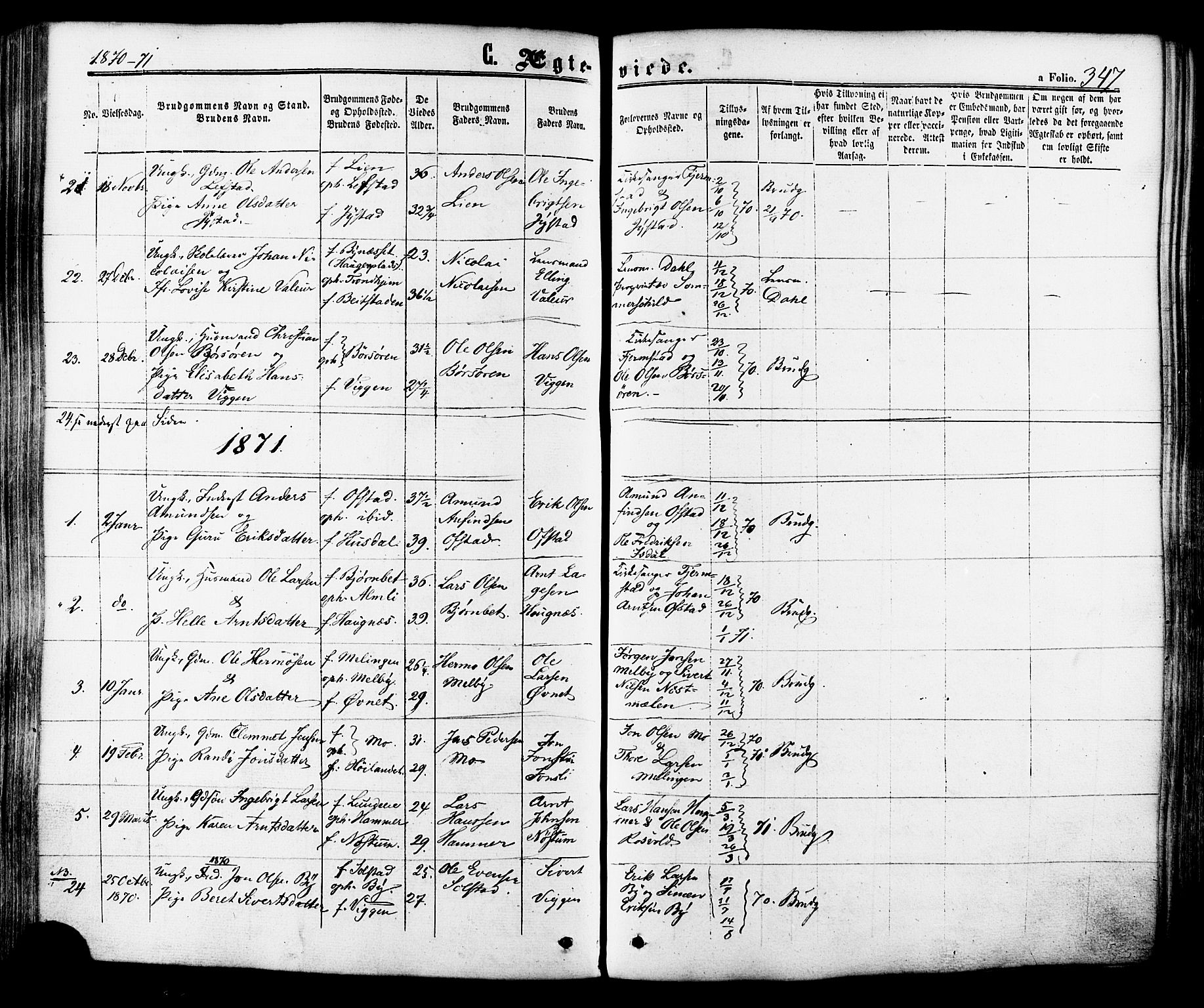 Ministerialprotokoller, klokkerbøker og fødselsregistre - Sør-Trøndelag, SAT/A-1456/665/L0772: Parish register (official) no. 665A07, 1856-1878, p. 347