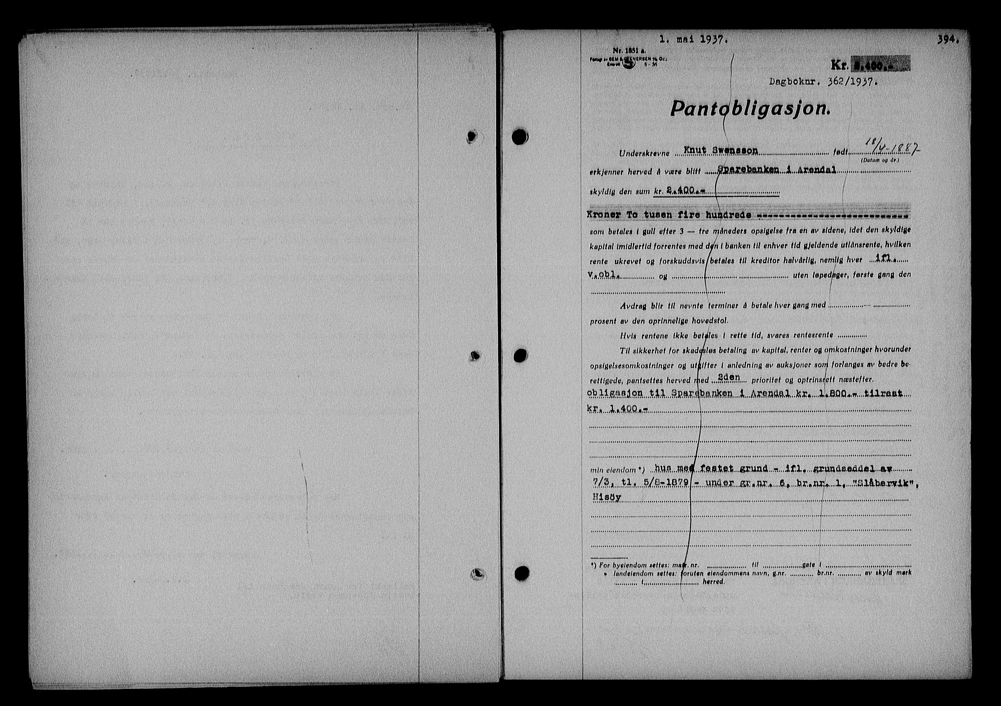 Nedenes sorenskriveri, SAK/1221-0006/G/Gb/Gba/L0043: Mortgage book no. 39, 1936-1937, Diary no: : 362/1937