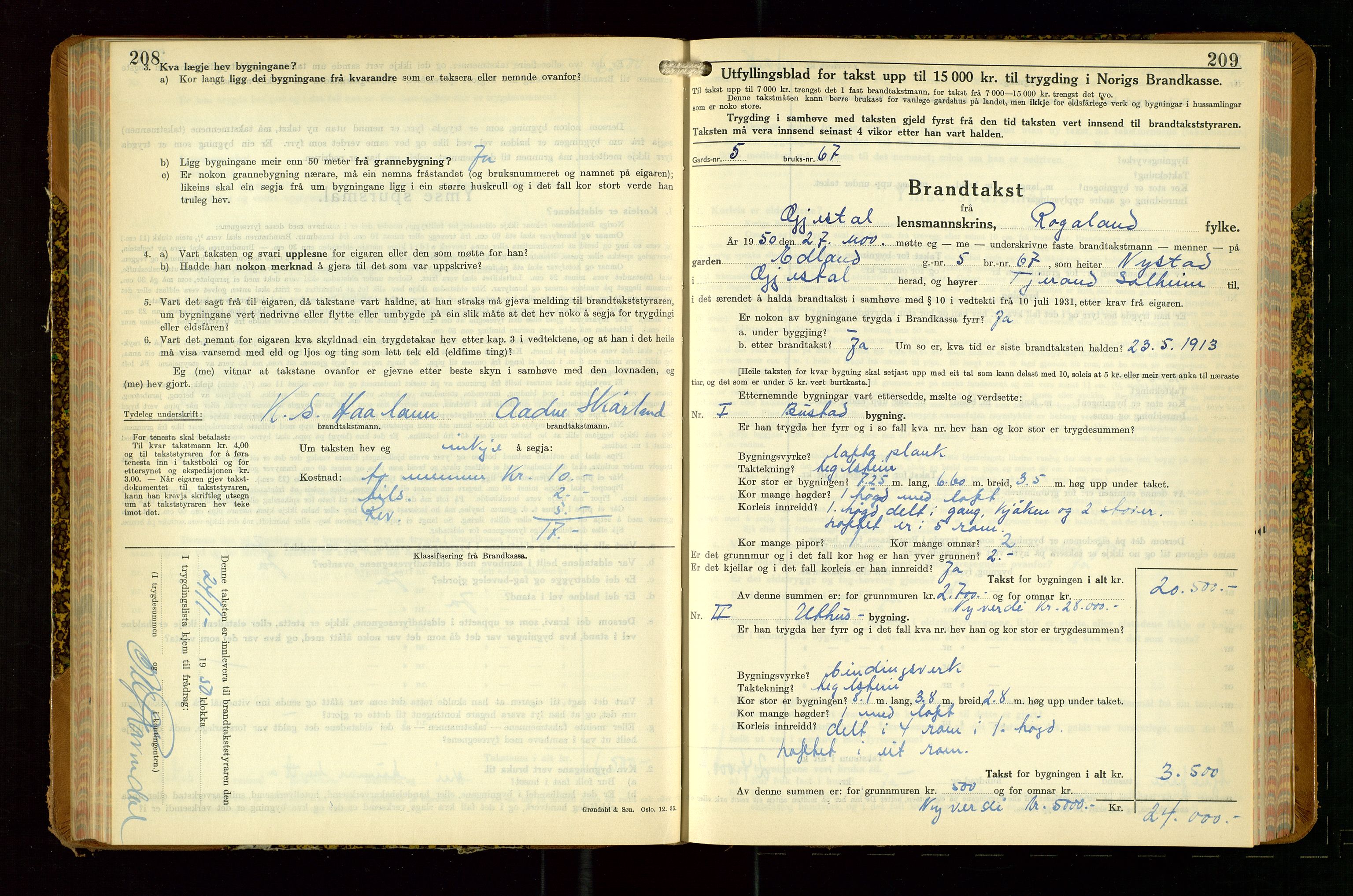 Gjesdal lensmannskontor, AV/SAST-A-100441/Go/L0008: Branntakstskjemaprotokoll, 1937-1955, p. 208-209