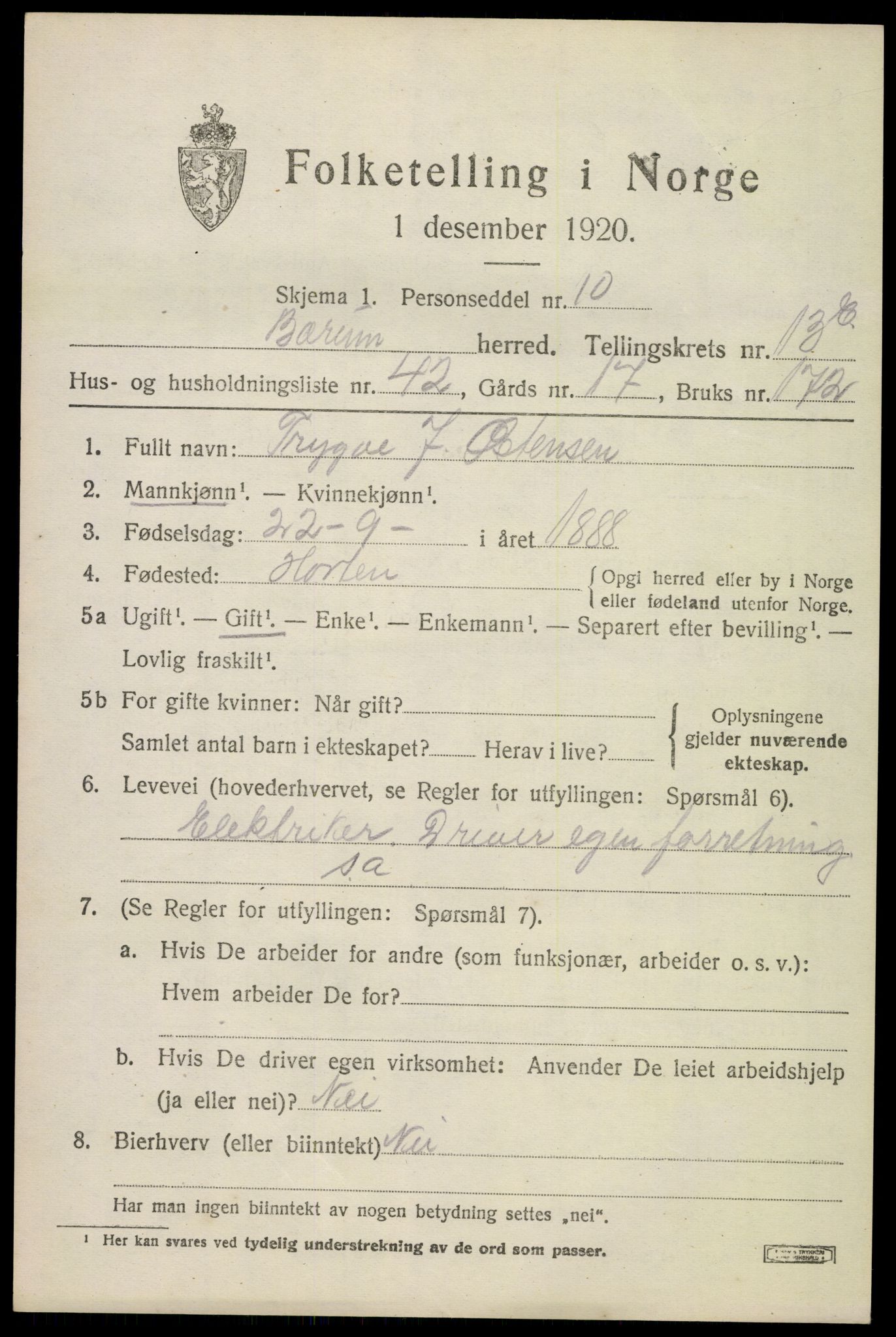 SAO, 1920 census for Bærum, 1920, p. 38380