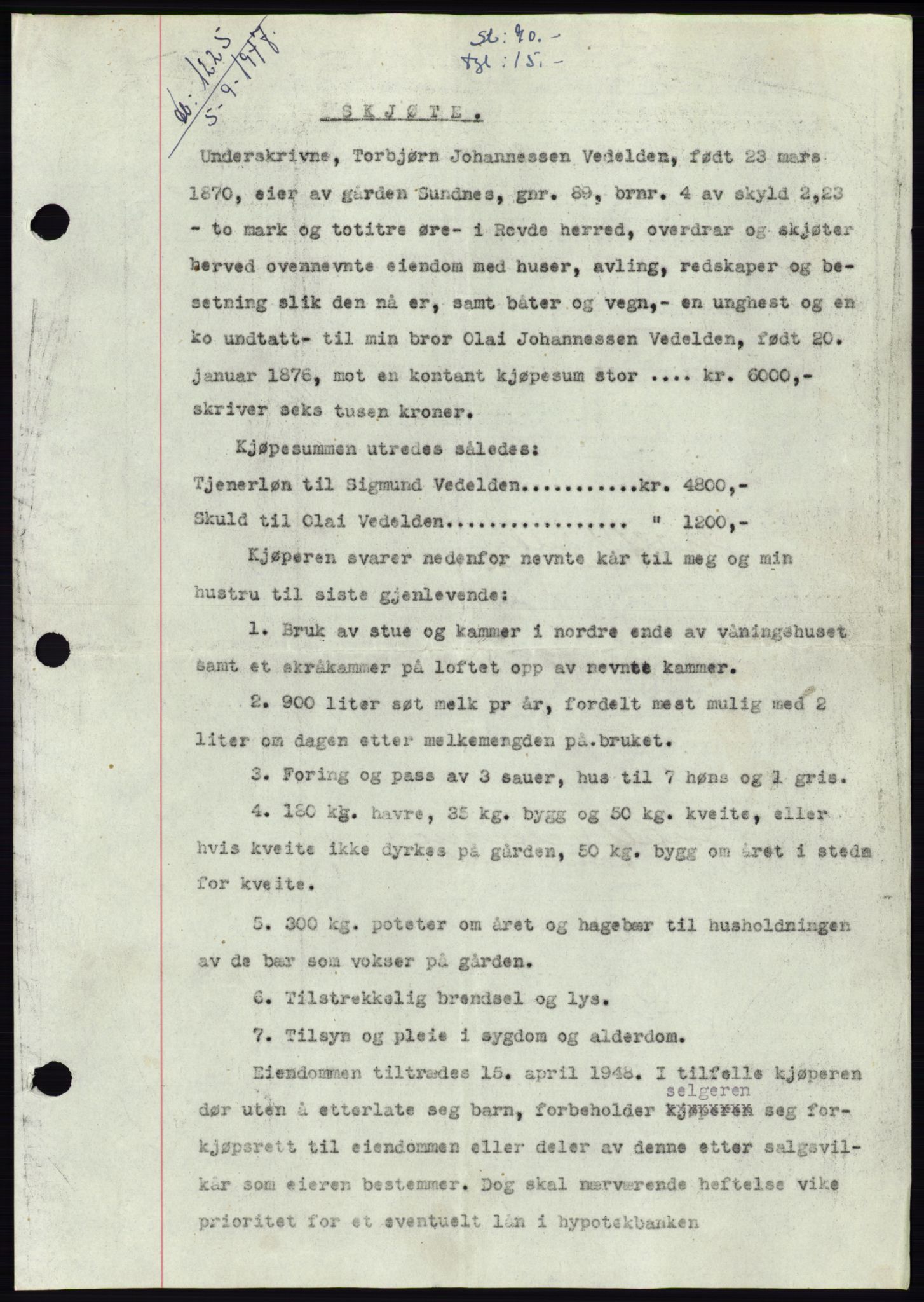 Søre Sunnmøre sorenskriveri, AV/SAT-A-4122/1/2/2C/L0081: Mortgage book no. 7A, 1947-1948, Diary no: : 1225/1947