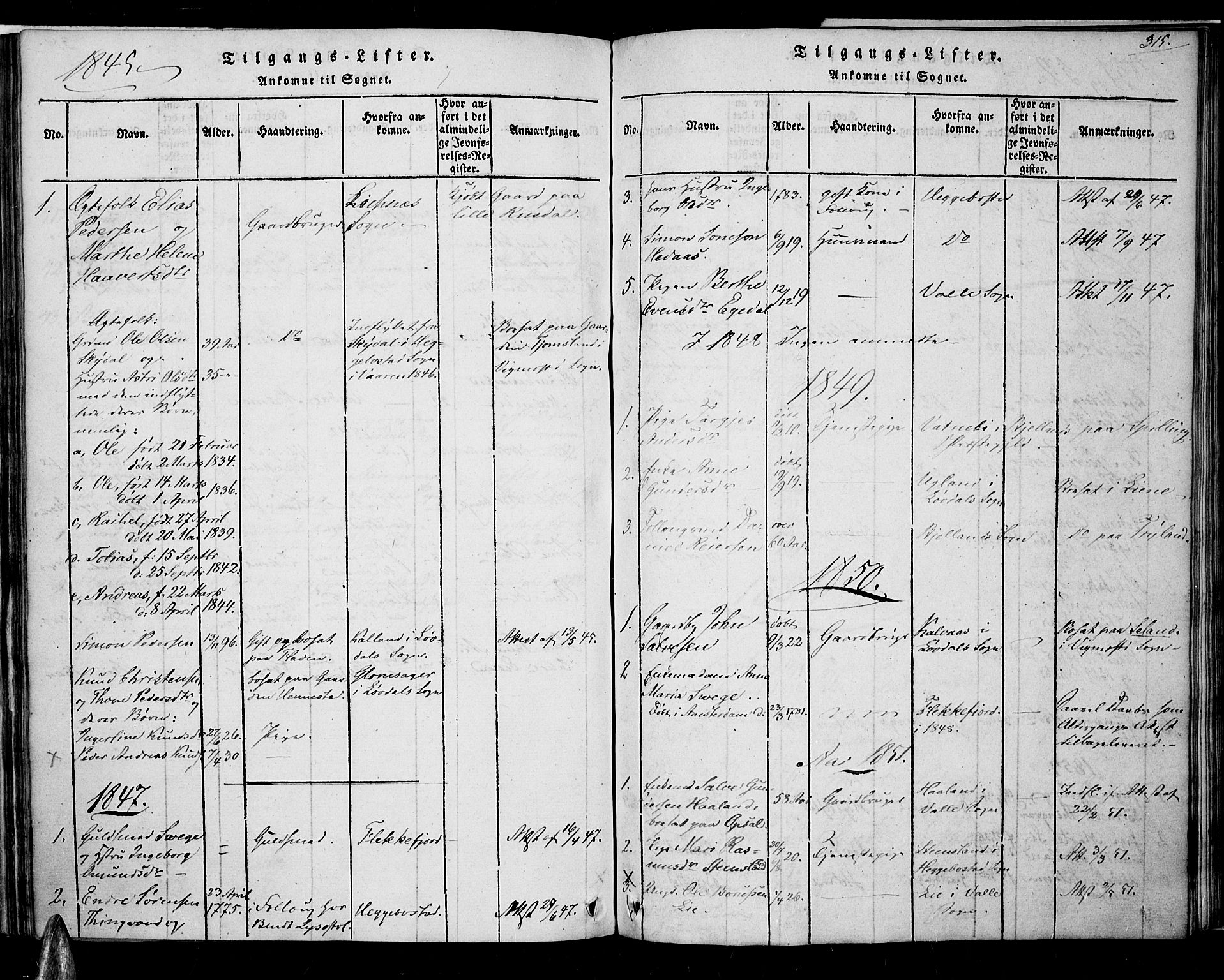 Nord-Audnedal sokneprestkontor, SAK/1111-0032/F/Fa/Fab/L0001: Parish register (official) no. A 1, 1816-1858, p. 315