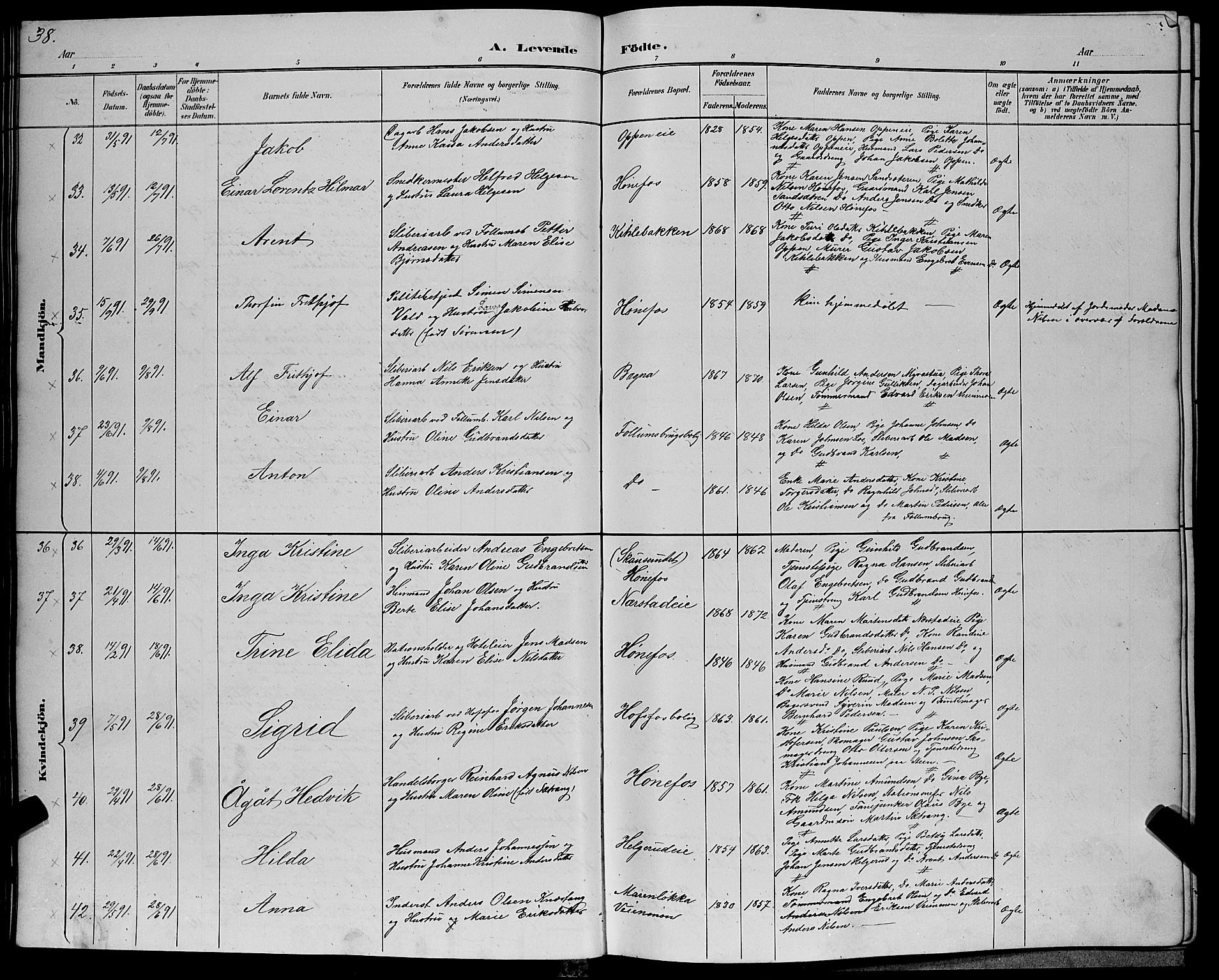 Hønefoss kirkebøker, AV/SAKO-A-609/G/Ga/L0002: Parish register (copy) no. 2, 1888-1904, p. 38