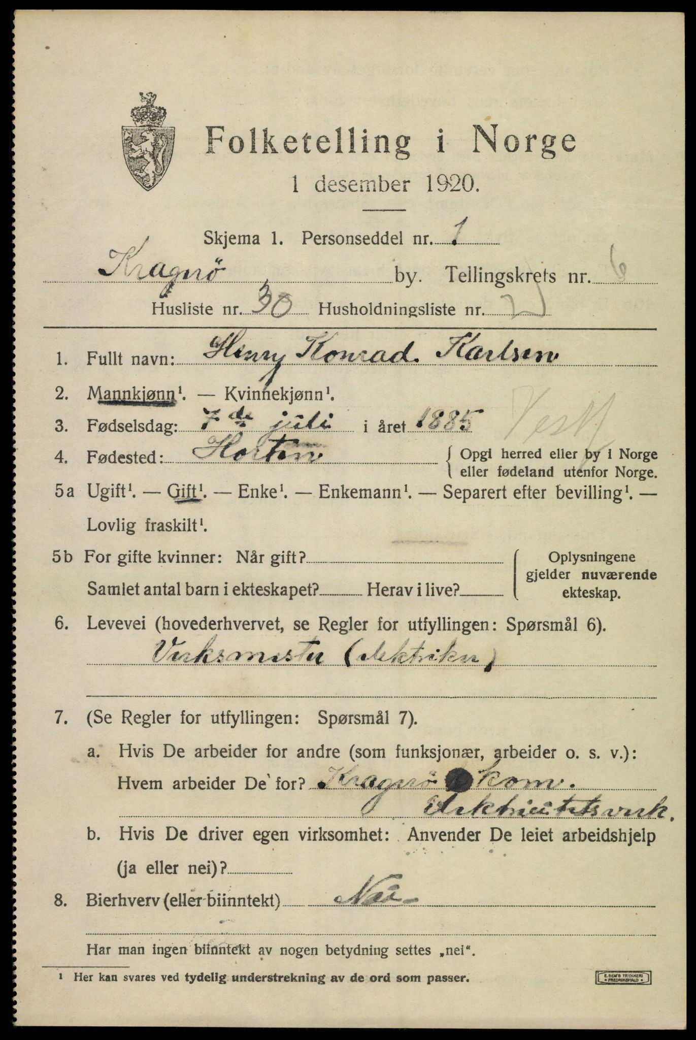 SAKO, 1920 census for Kragerø, 1920, p. 9419