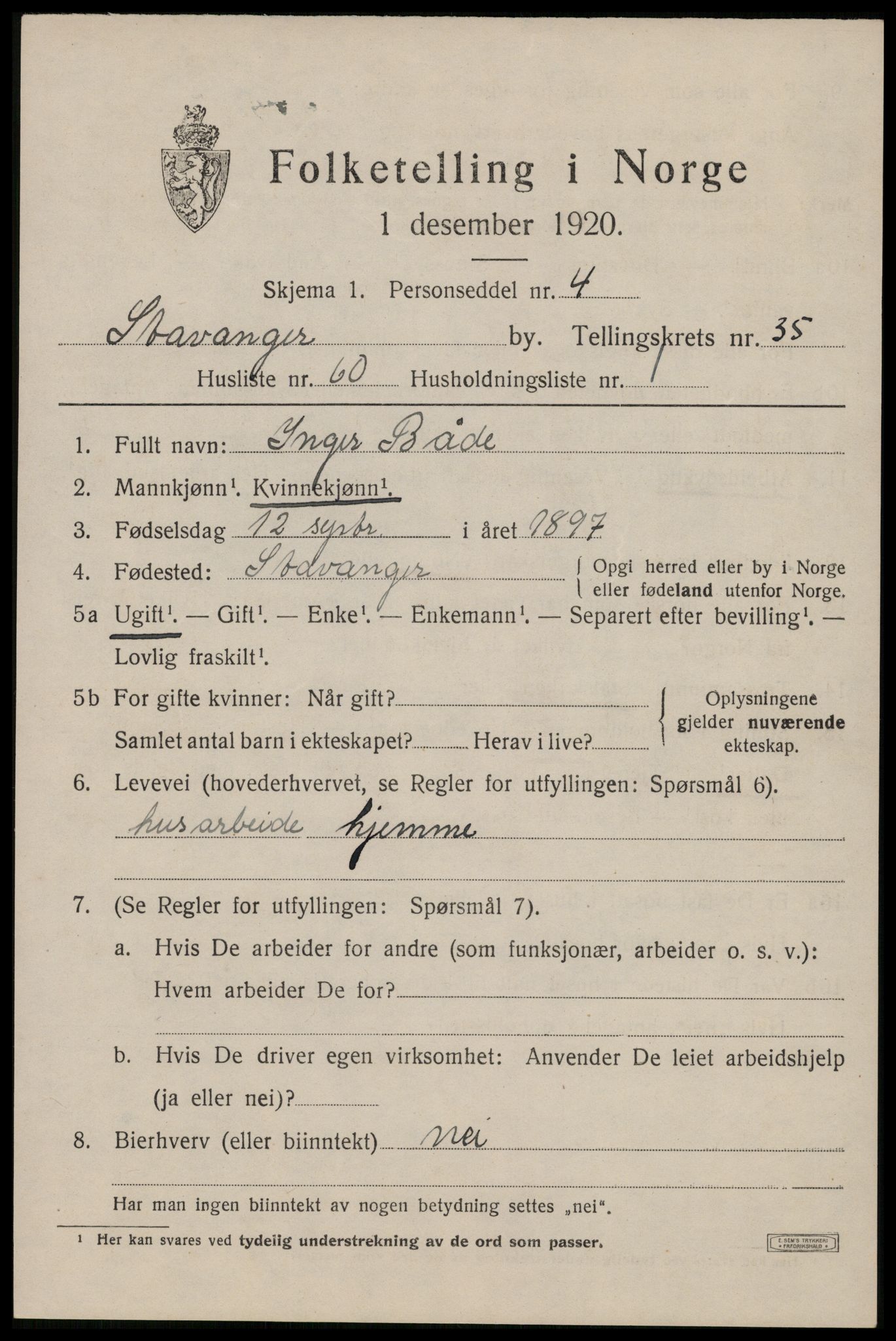 SAST, 1920 census for Stavanger, 1920, p. 94740