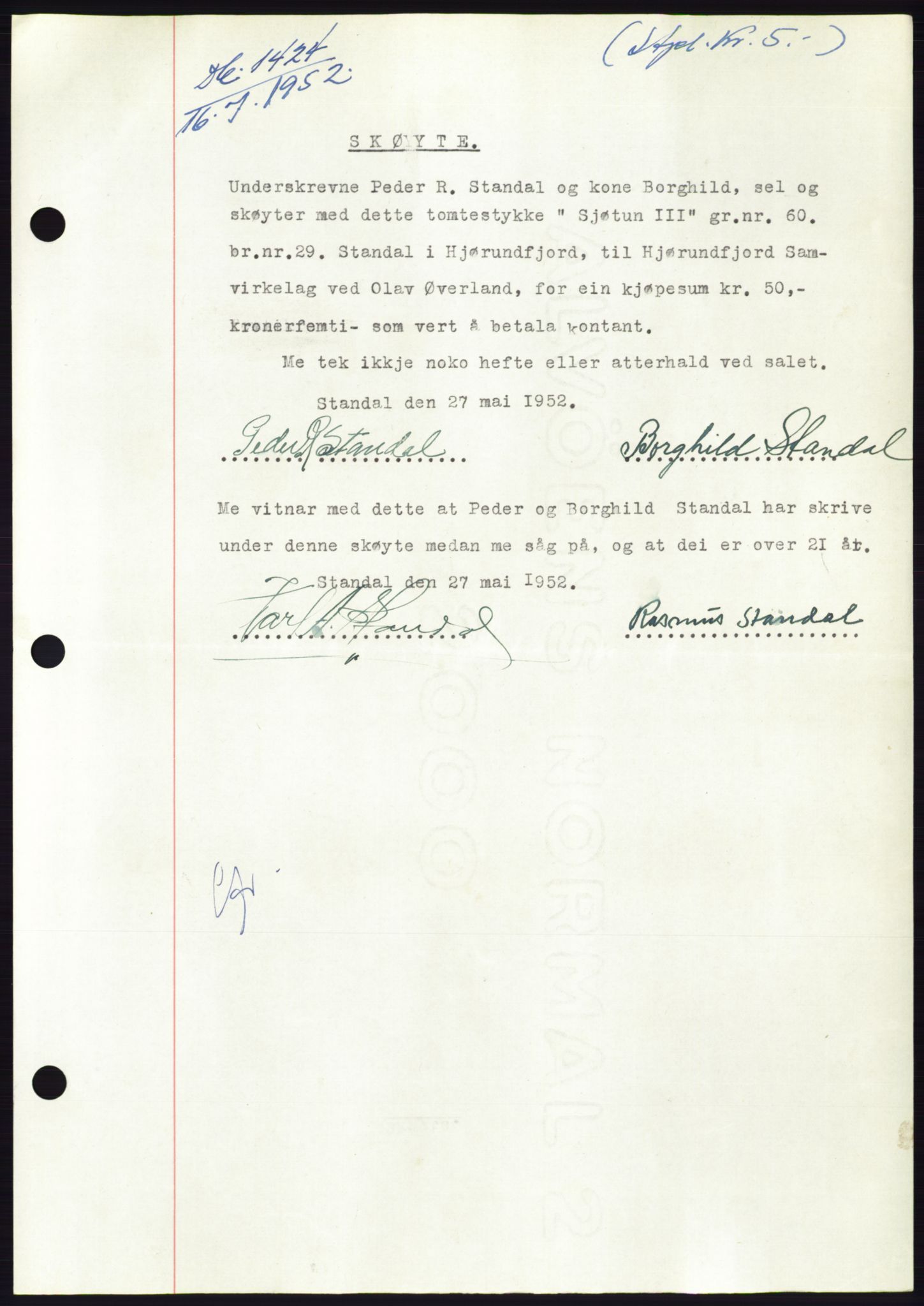 Søre Sunnmøre sorenskriveri, AV/SAT-A-4122/1/2/2C/L0092: Mortgage book no. 18A, 1952-1952, Diary no: : 1424/1952