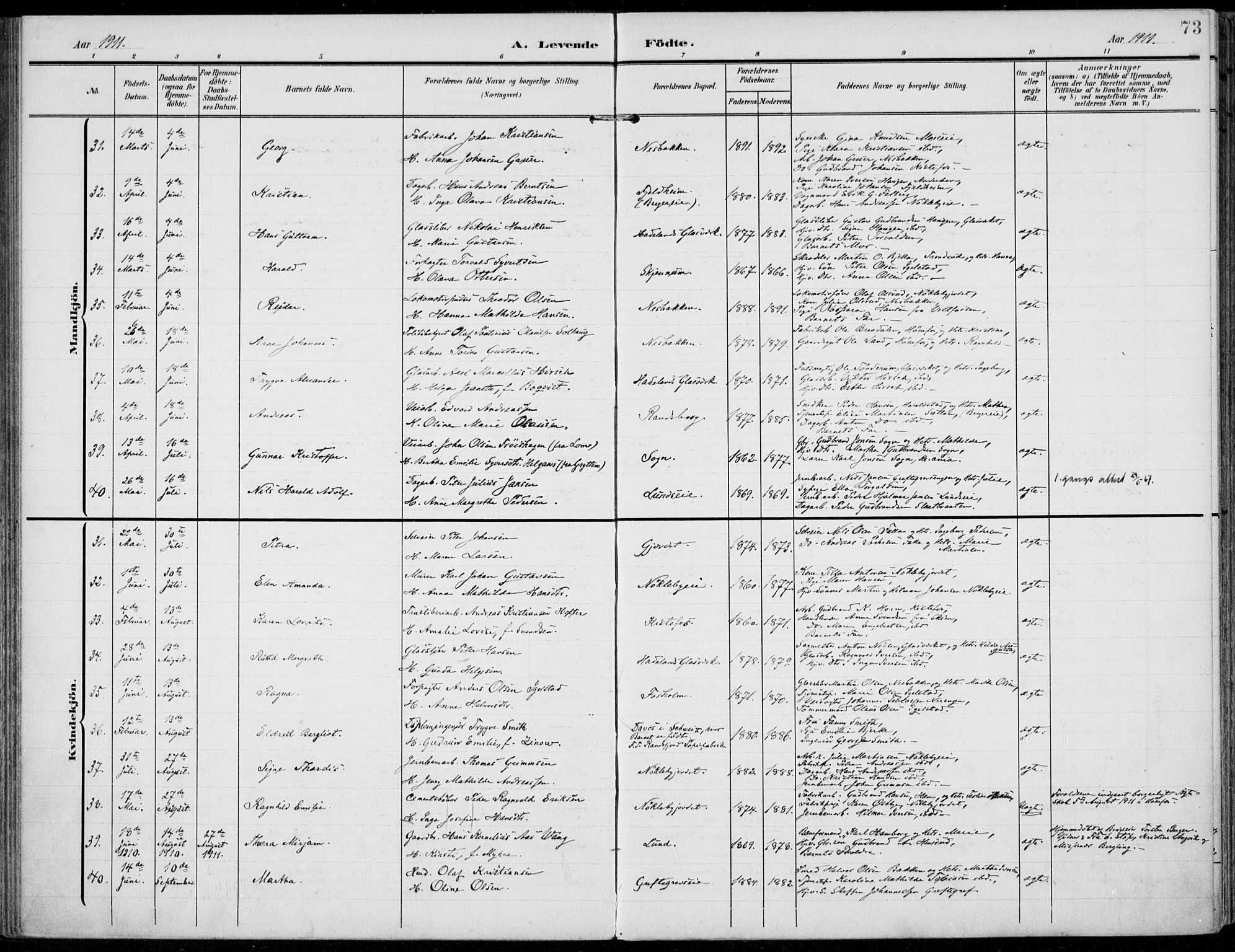 Jevnaker prestekontor, AV/SAH-PREST-116/H/Ha/Haa/L0011: Parish register (official) no. 11, 1902-1913, p. 73