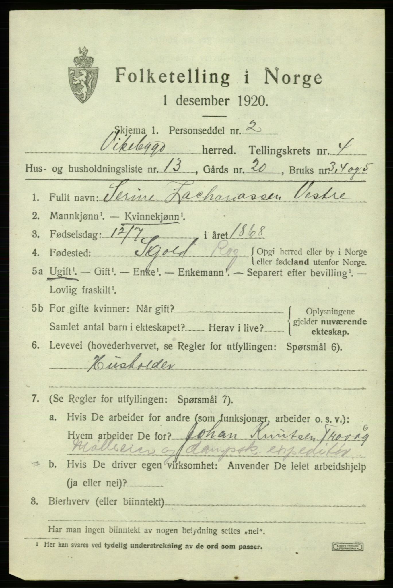 SAB, 1920 census for Vikebygd, 1920, p. 1687