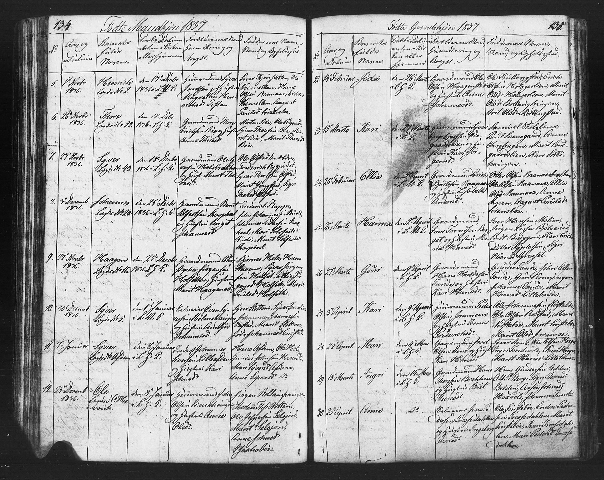 Lesja prestekontor, SAH/PREST-068/H/Ha/Hab/L0002: Parish register (copy) no. 2, 1832-1850, p. 134-135