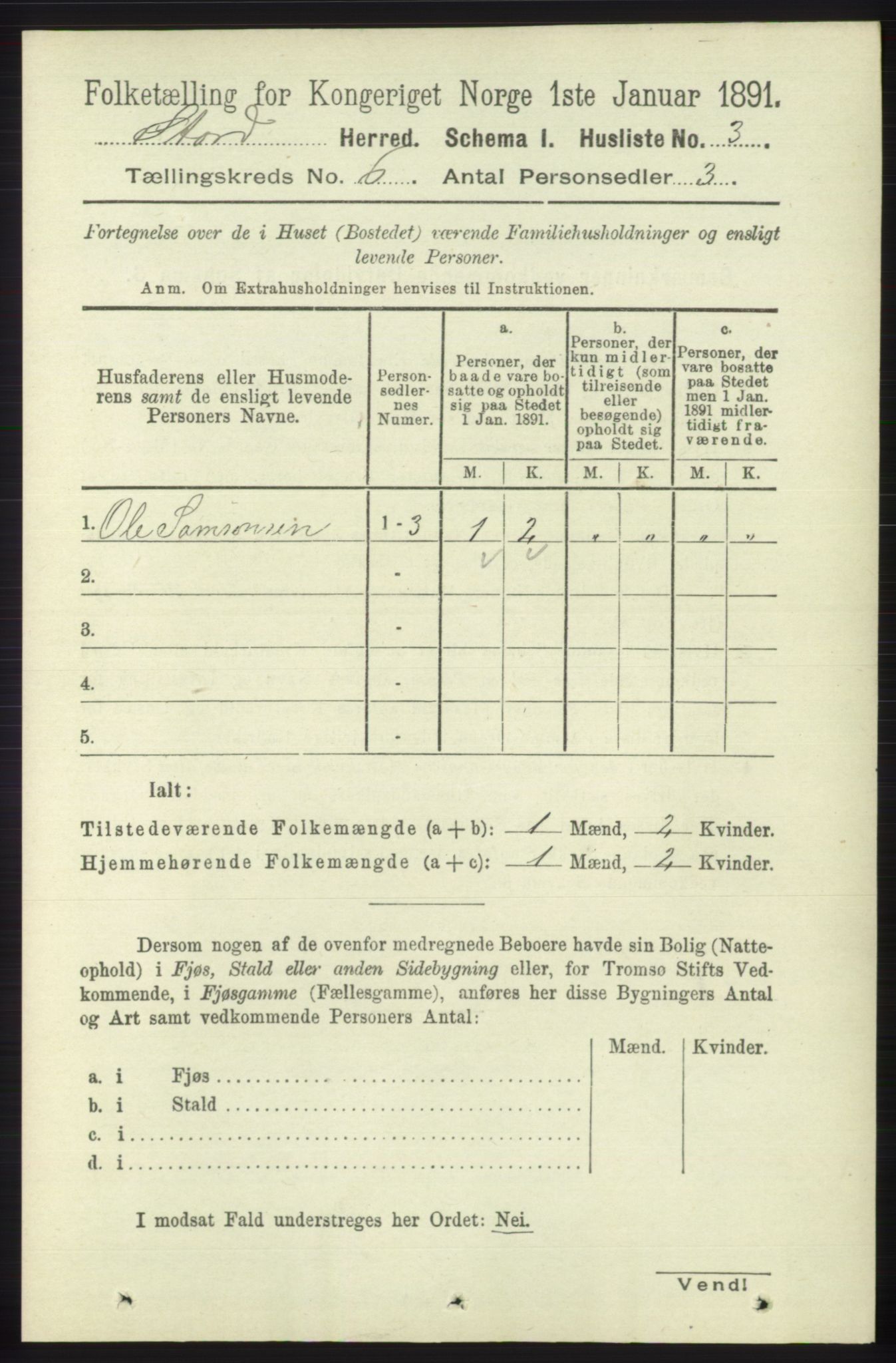 RA, 1891 census for 1221 Stord, 1891, p. 2073