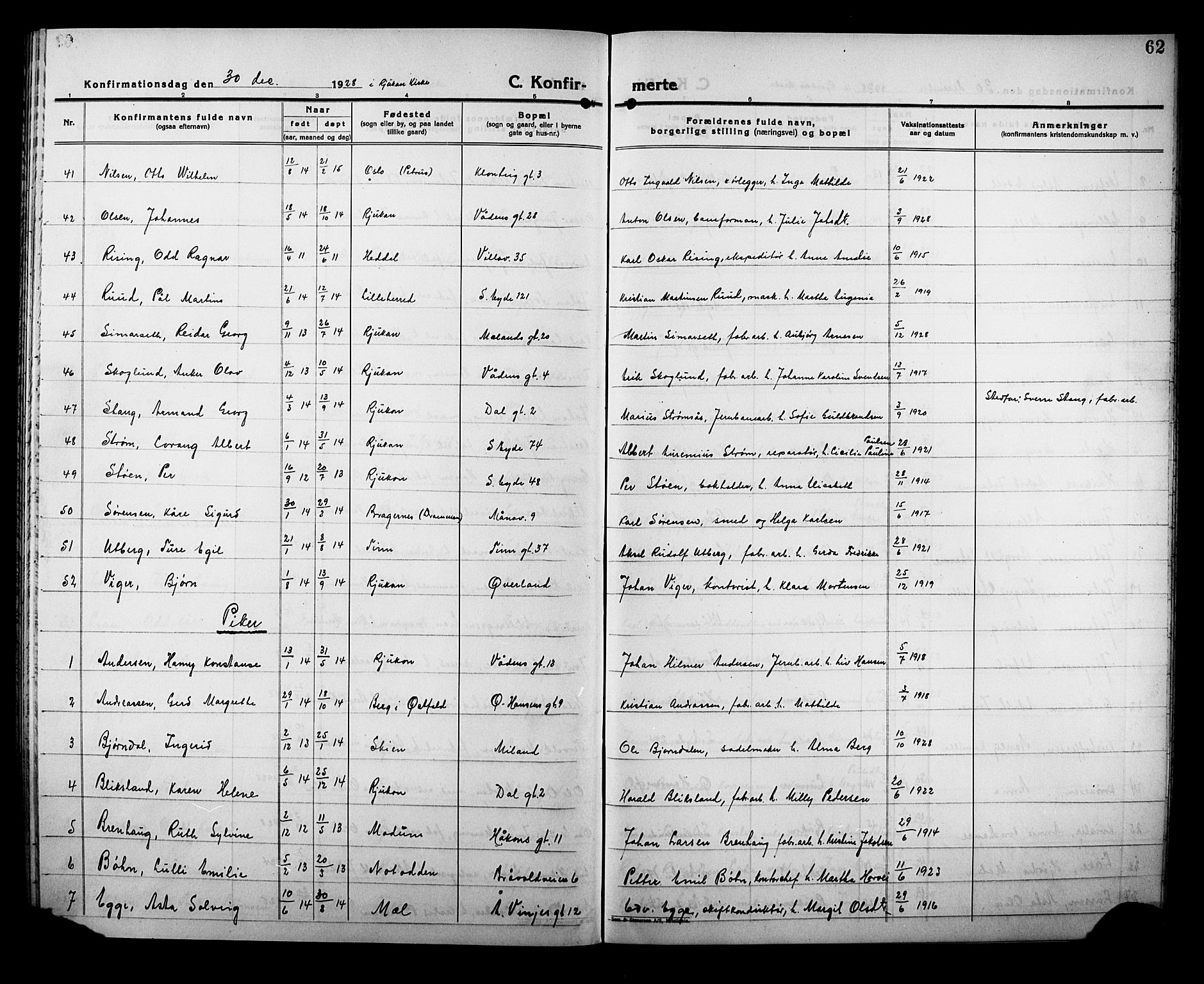 Rjukan kirkebøker, SAKO/A-294/G/Ga/L0004: Parish register (copy) no. 4, 1923-1932, p. 62