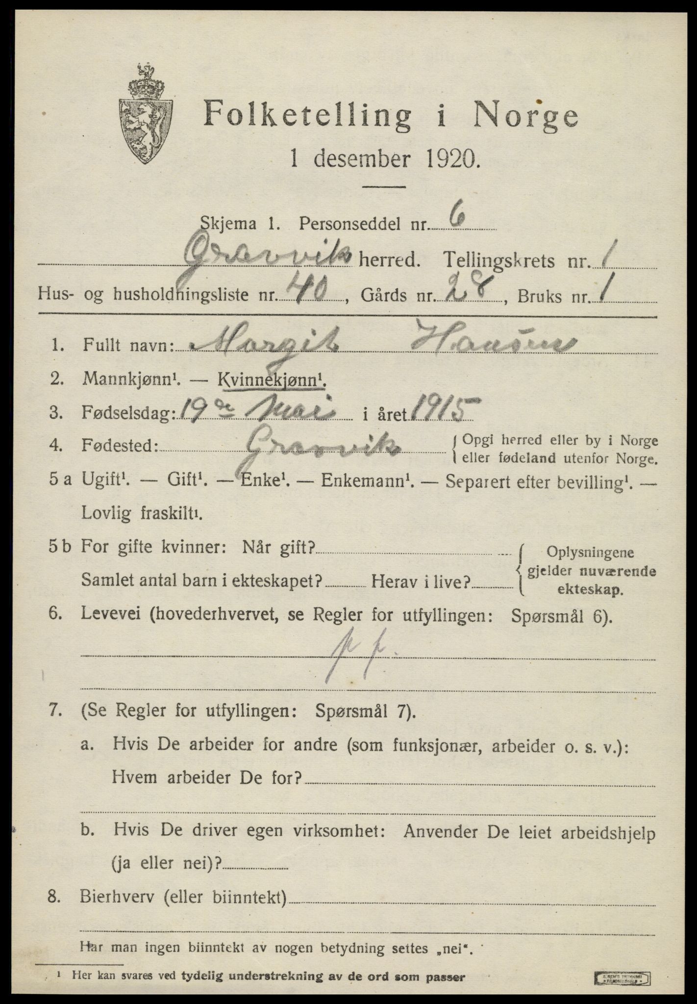 SAT, 1920 census for Gravvik, 1920, p. 744