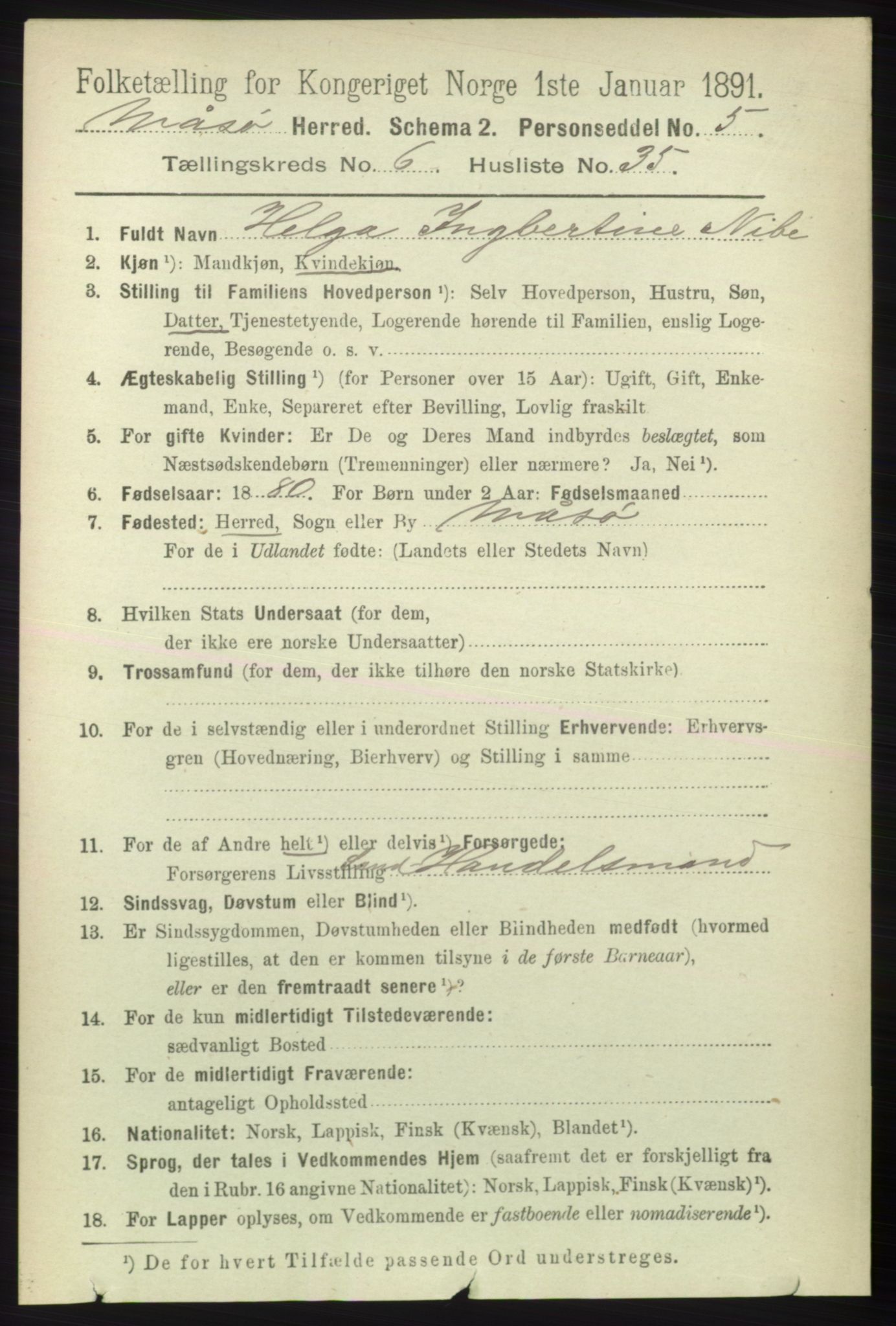 RA, 1891 census for 2018 Måsøy, 1891, p. 1324