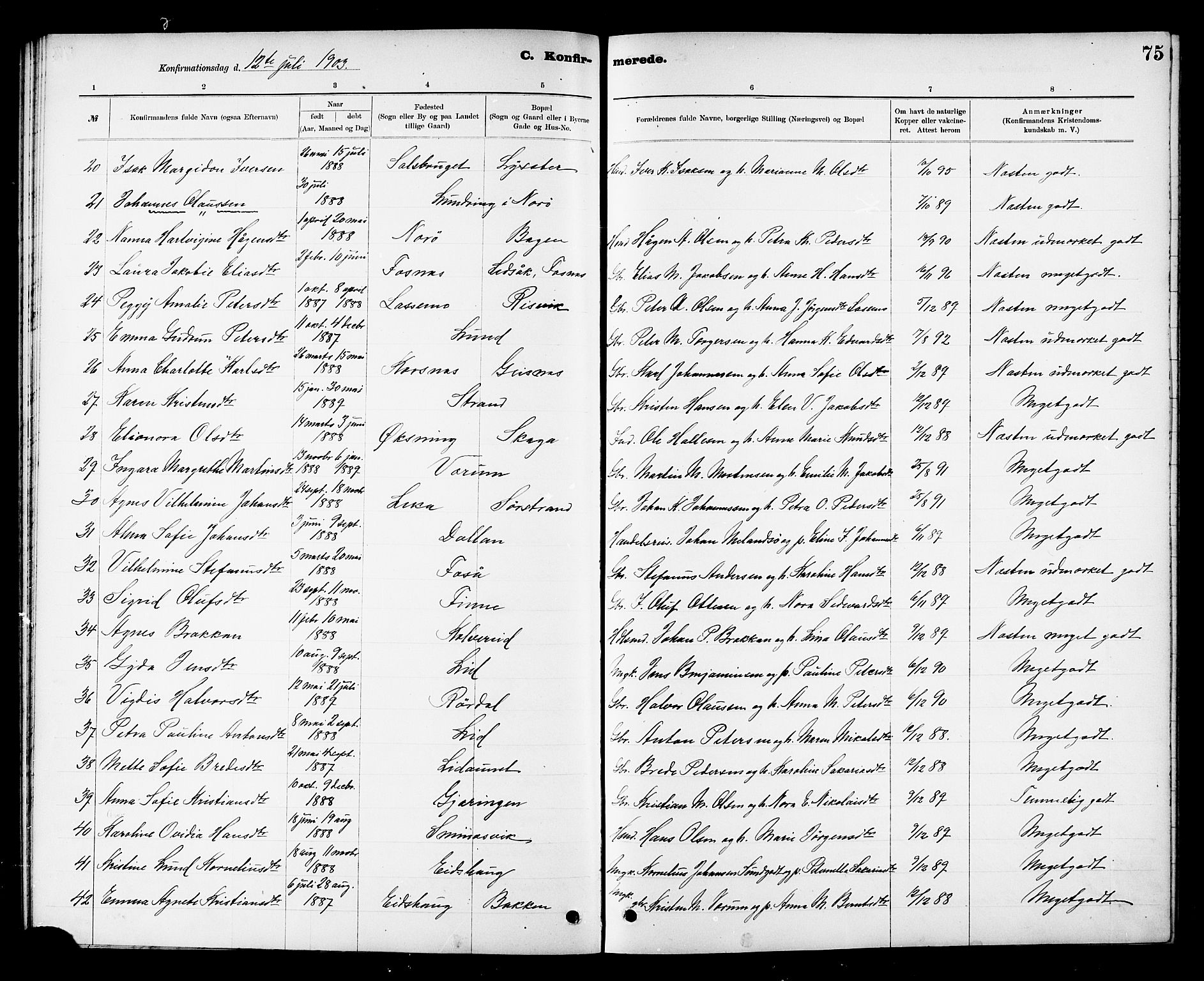 Ministerialprotokoller, klokkerbøker og fødselsregistre - Nord-Trøndelag, SAT/A-1458/780/L0652: Parish register (copy) no. 780C04, 1899-1911, p. 75