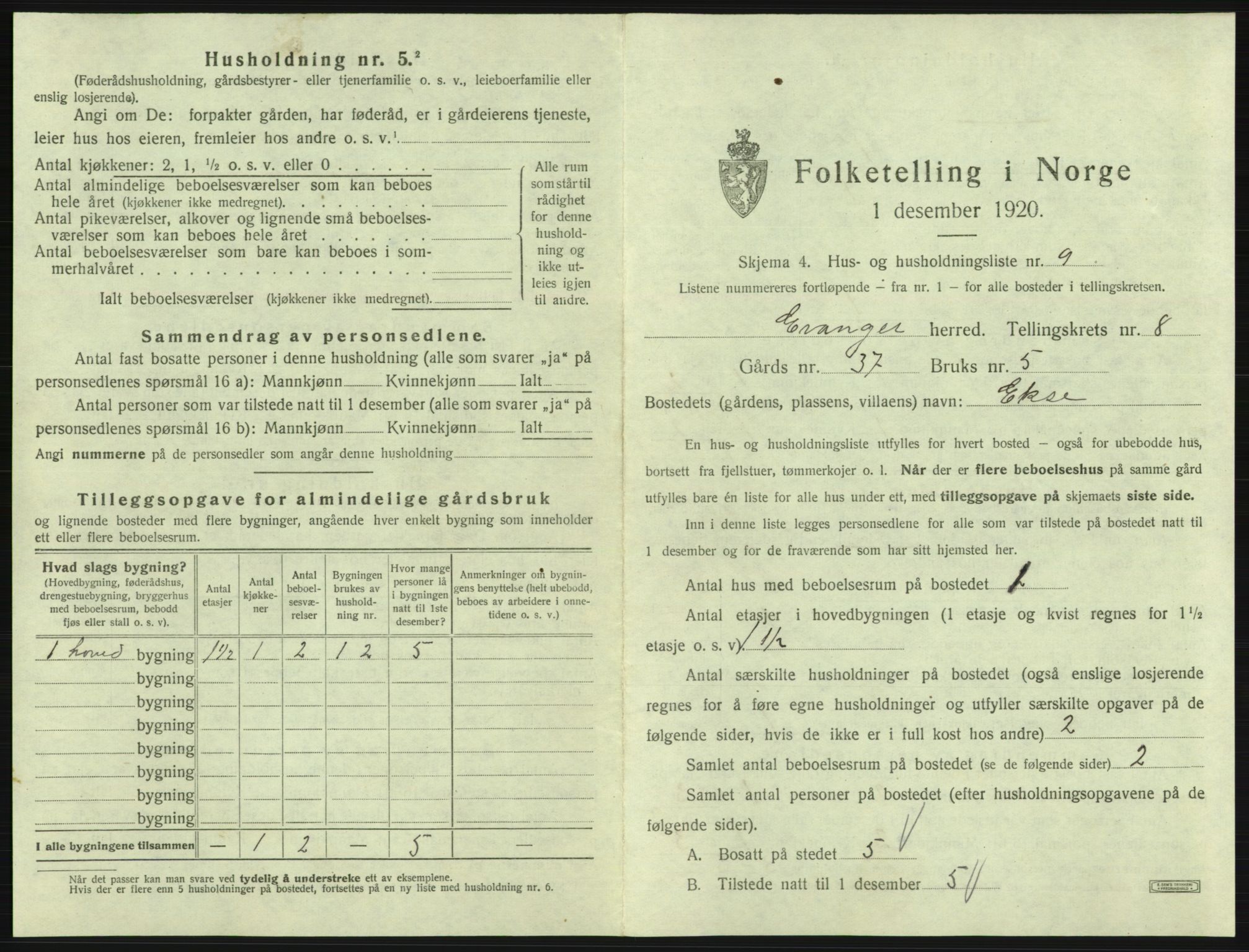 SAB, 1920 census for Evanger, 1920, p. 379