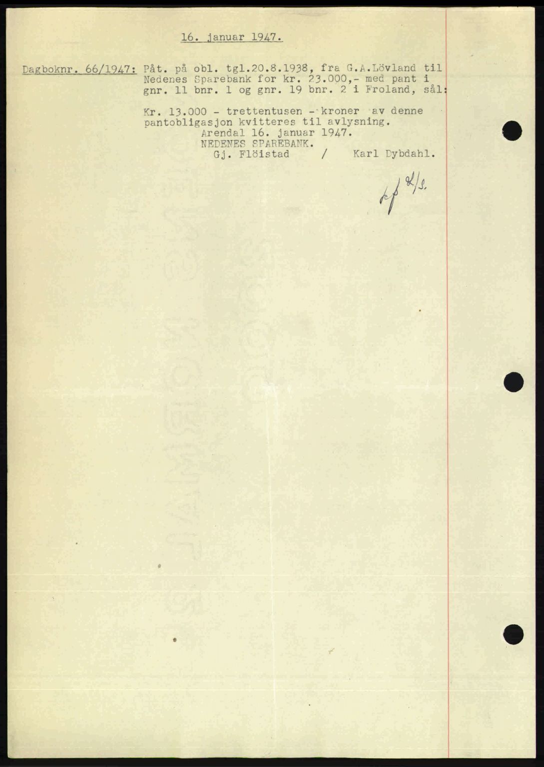 Nedenes sorenskriveri, SAK/1221-0006/G/Gb/Gba/L0056: Mortgage book no. A8, 1946-1947, Diary no: : 66/1947