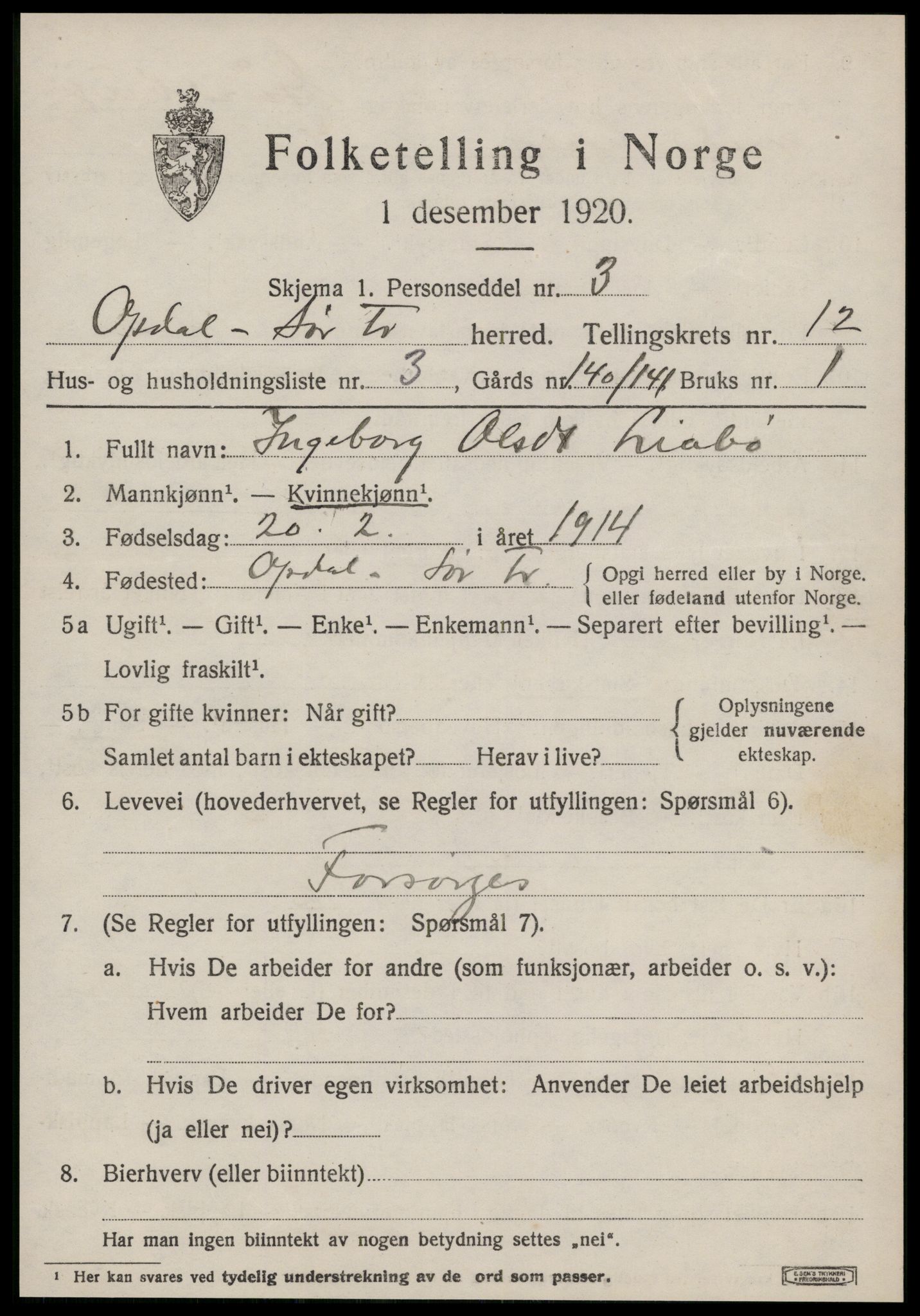 SAT, 1920 census for Oppdal, 1920, p. 10205