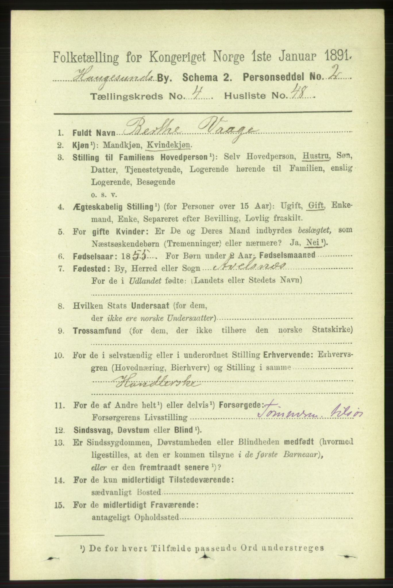 RA, 1891 census for 1106 Haugesund, 1891, p. 1844